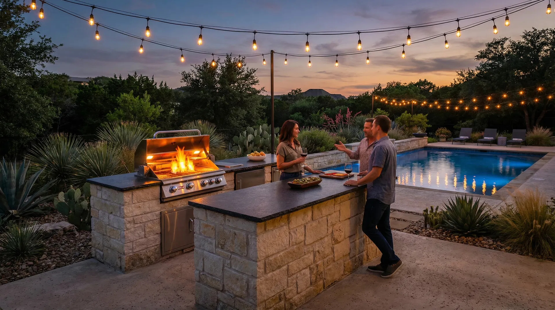 Completed outdoor kitchen at dusk