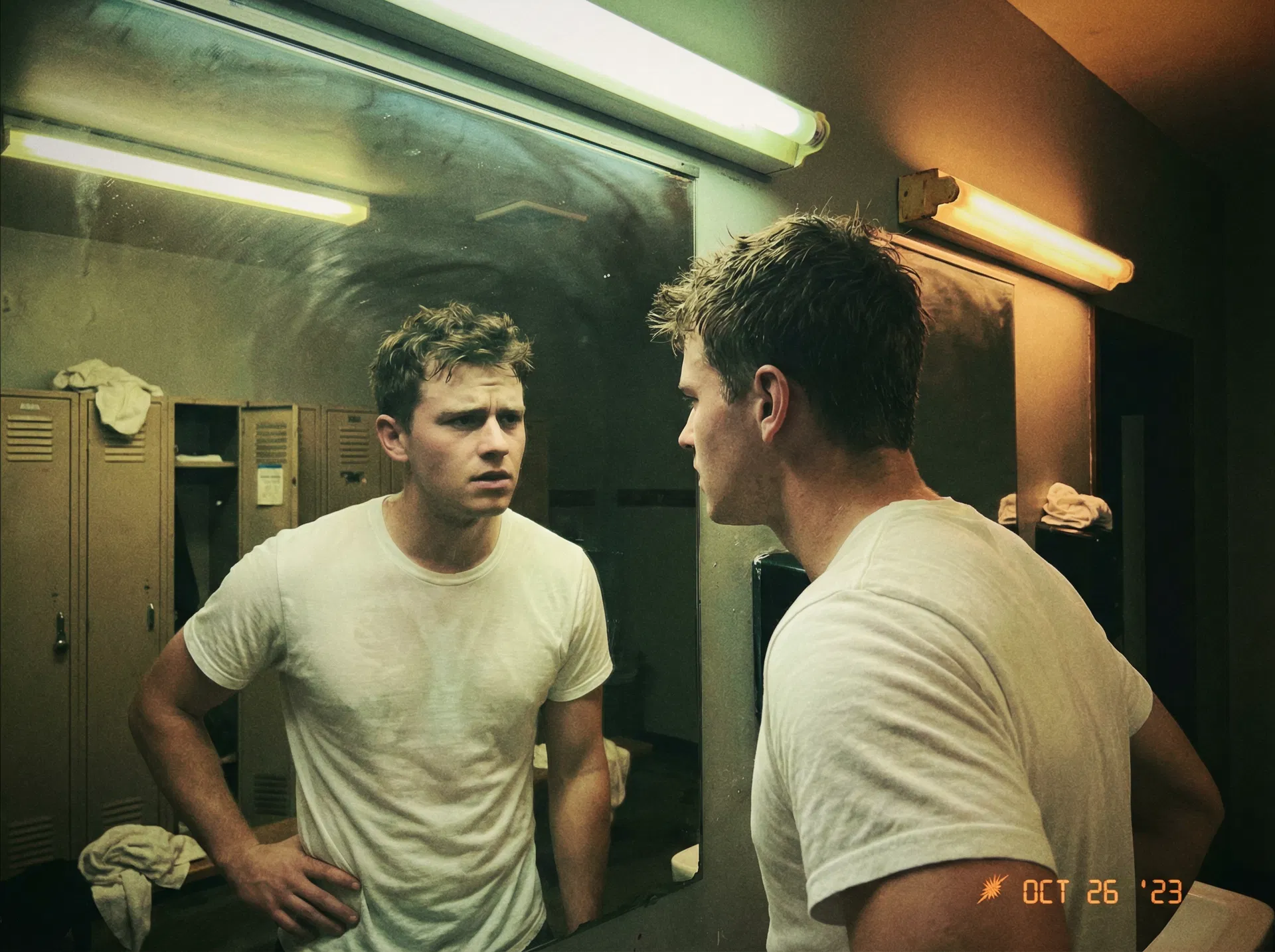 Man questioning his reflection in gym mirror