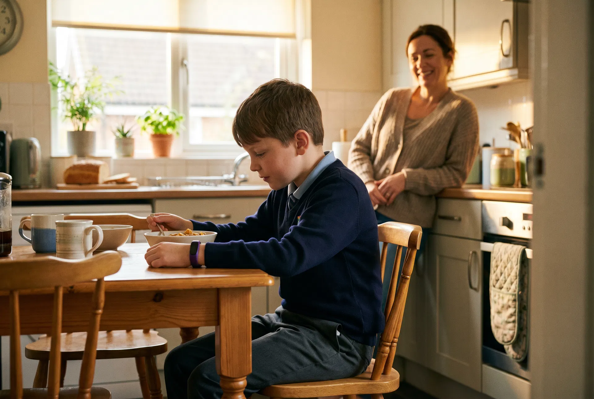 Boy eating breakfast calmly in school uniform, mother smiling in background