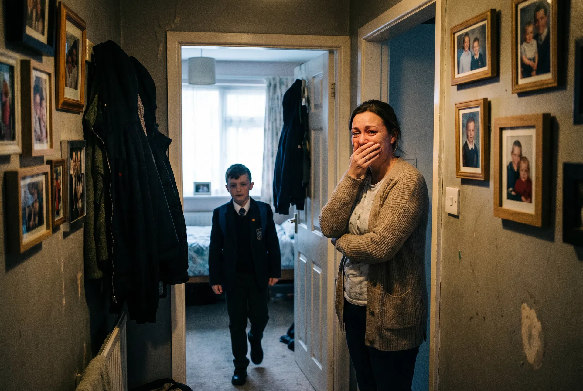 Mother emotional with happy tears as son walks out calmly