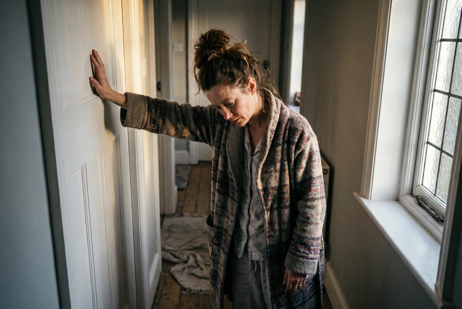 Worried mother outside child's bedroom door in the morning