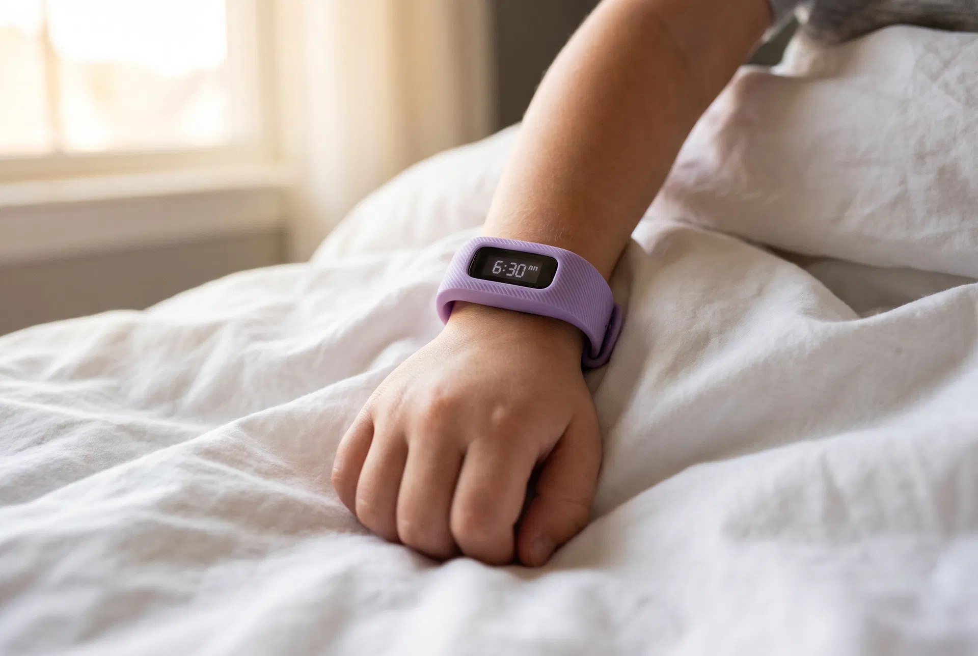CalmRise vibration wristband on child's wrist showing 6:30 AM