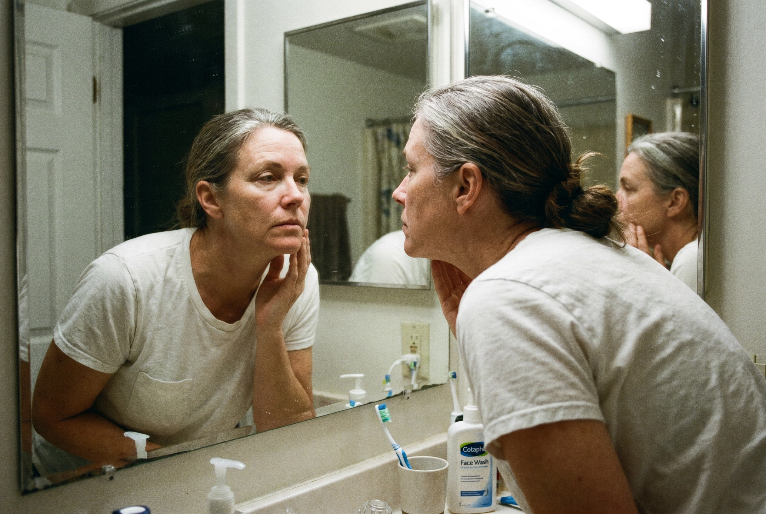 Woman examining her skin in bathroom mirror