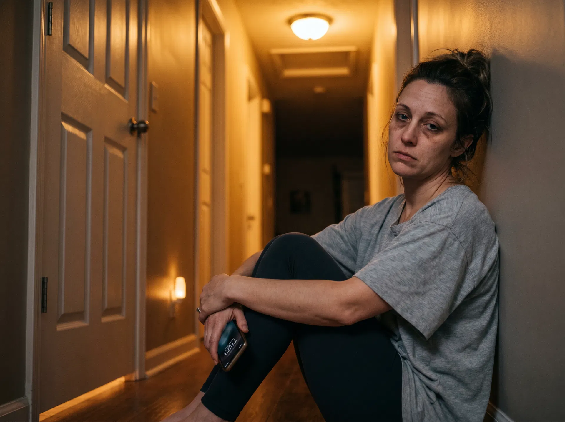 Exhausted mother sitting outside child's bedroom door at 11:23pm