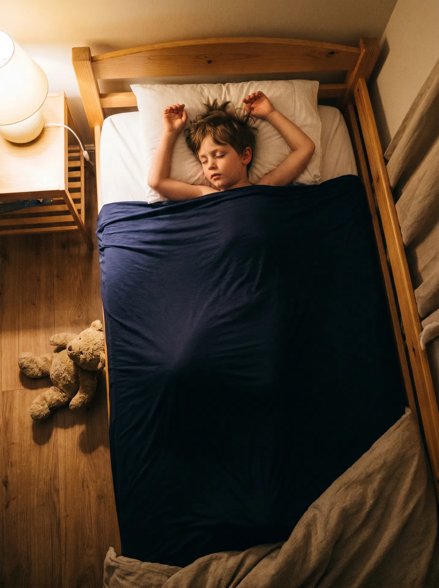 Child sleeping deeply under navy CalmSheet compression sheet