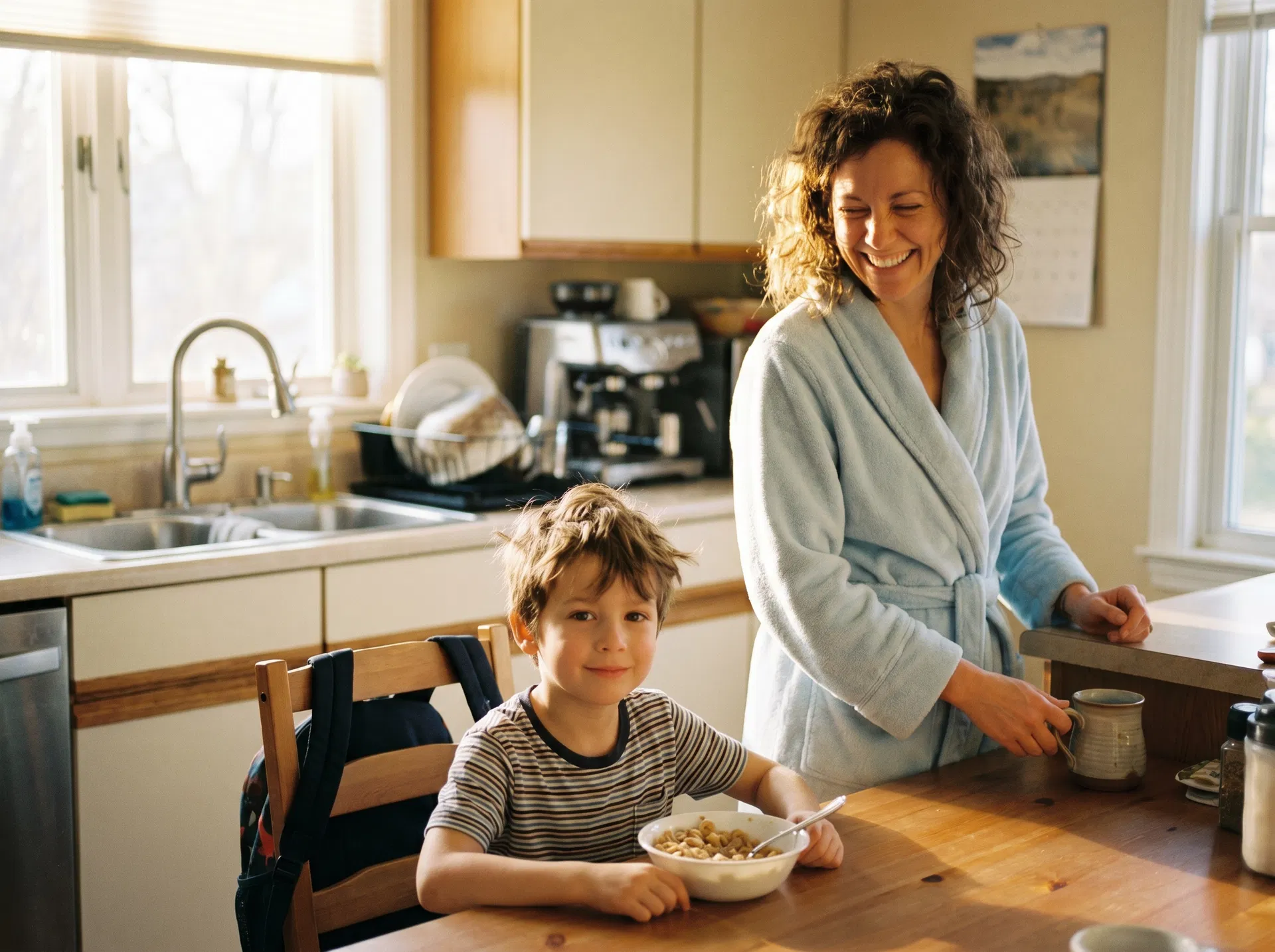 Mother and son having a calm morning after a full night of sleep