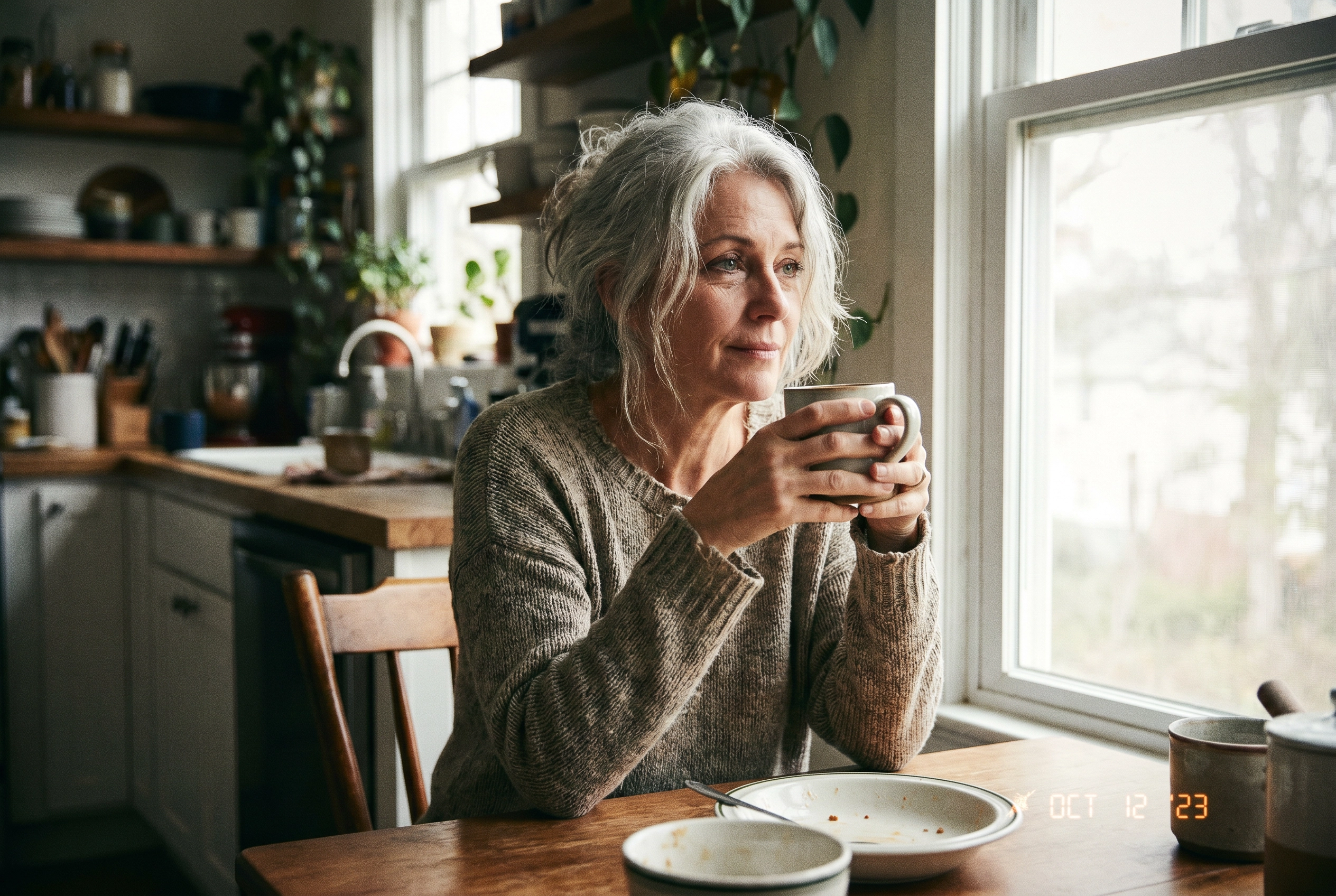 Woman with morning tea looking thoughtful