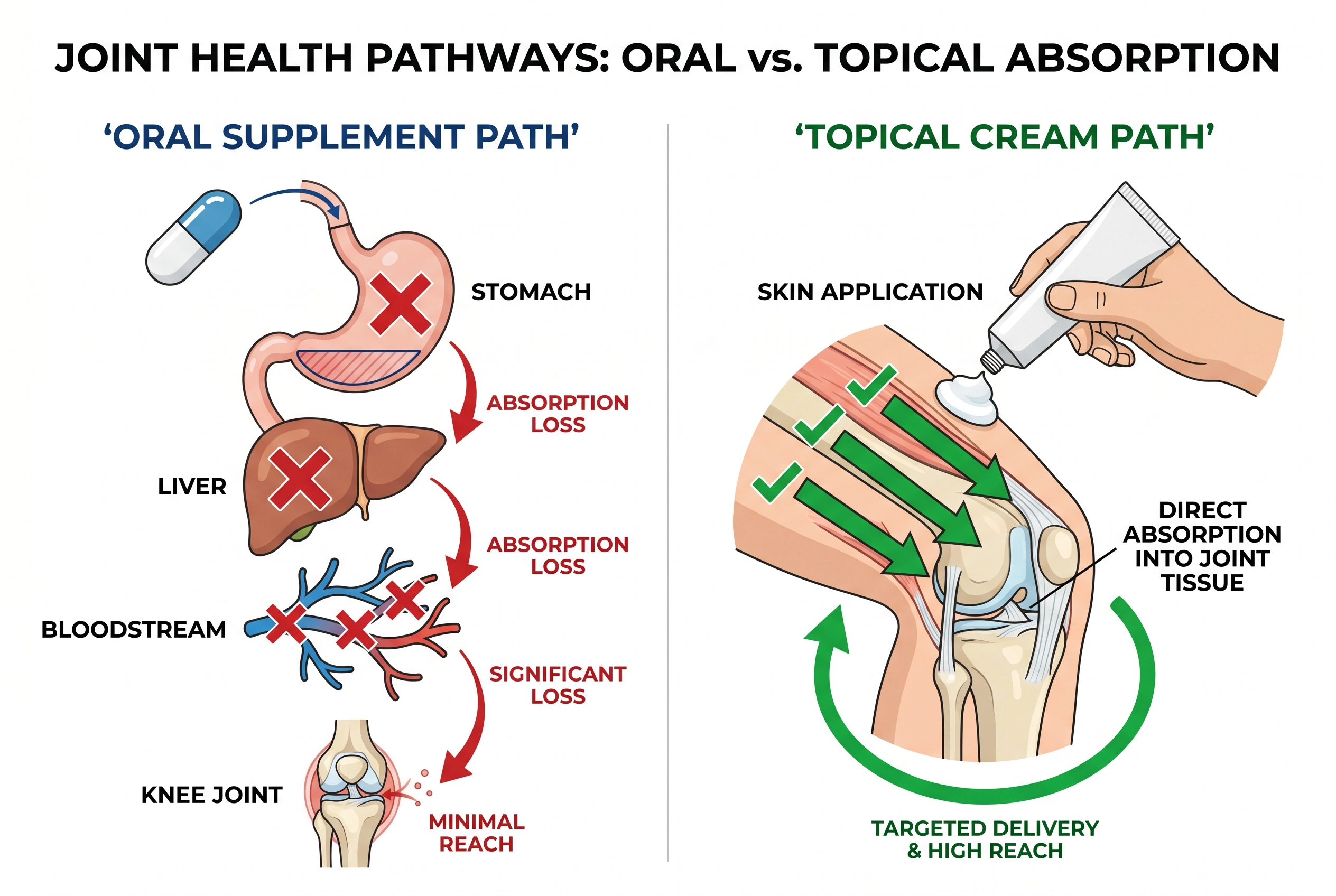 Oral vs Topical absorption pathway diagram