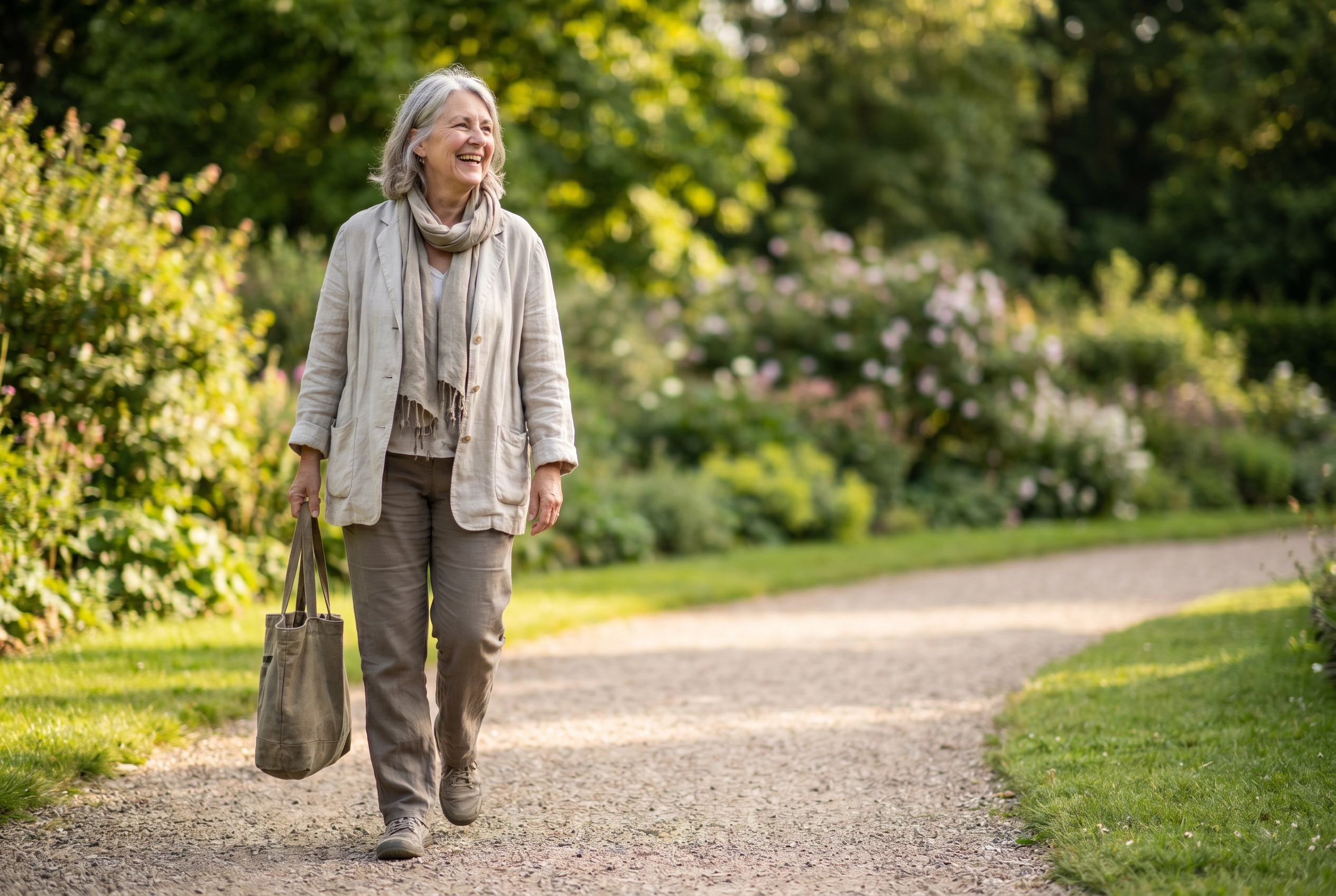 Woman walking confidently in park