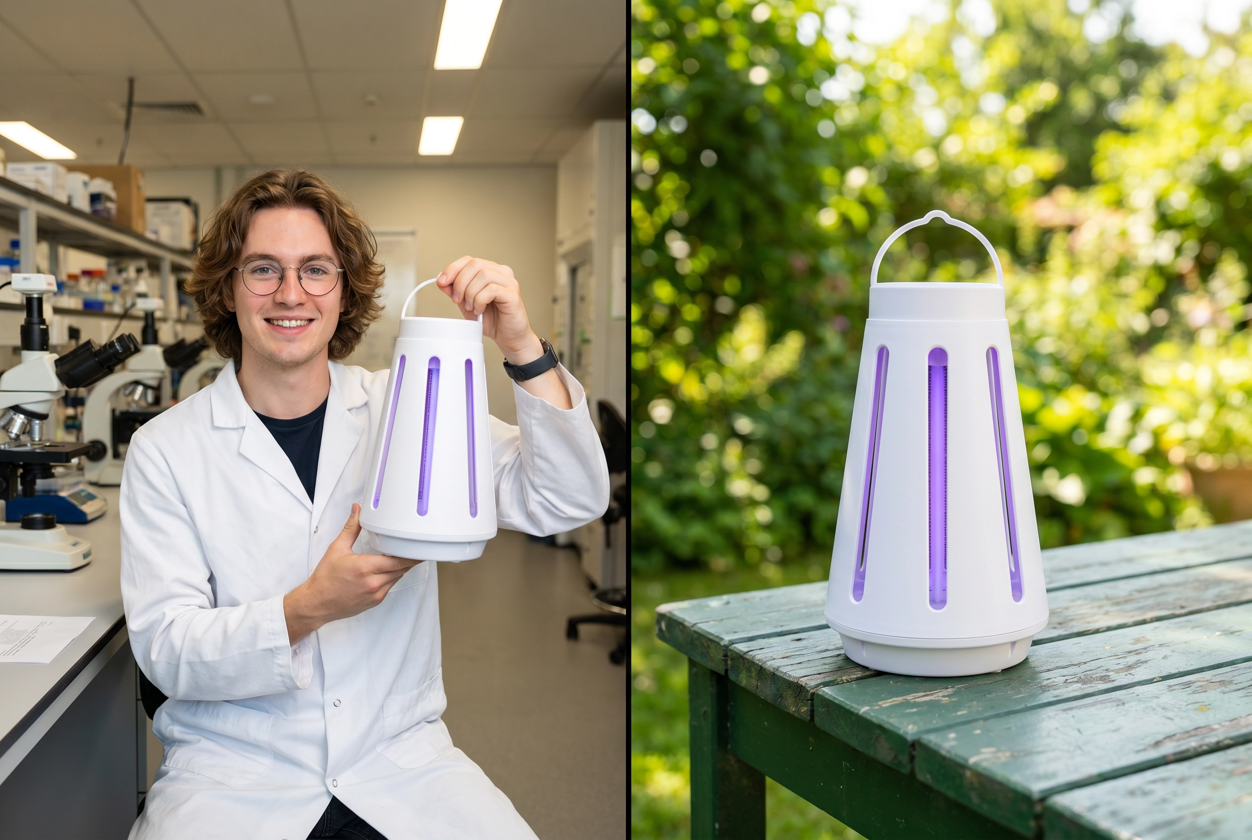 Biology student holding Zelora MosqiShield in lab, and product outdoors