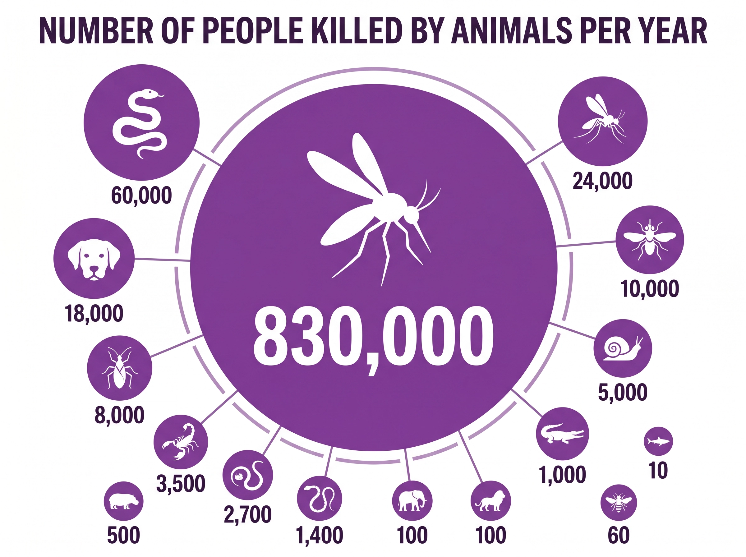 Number of people killed by animals per year — mosquitoes kill 830,000