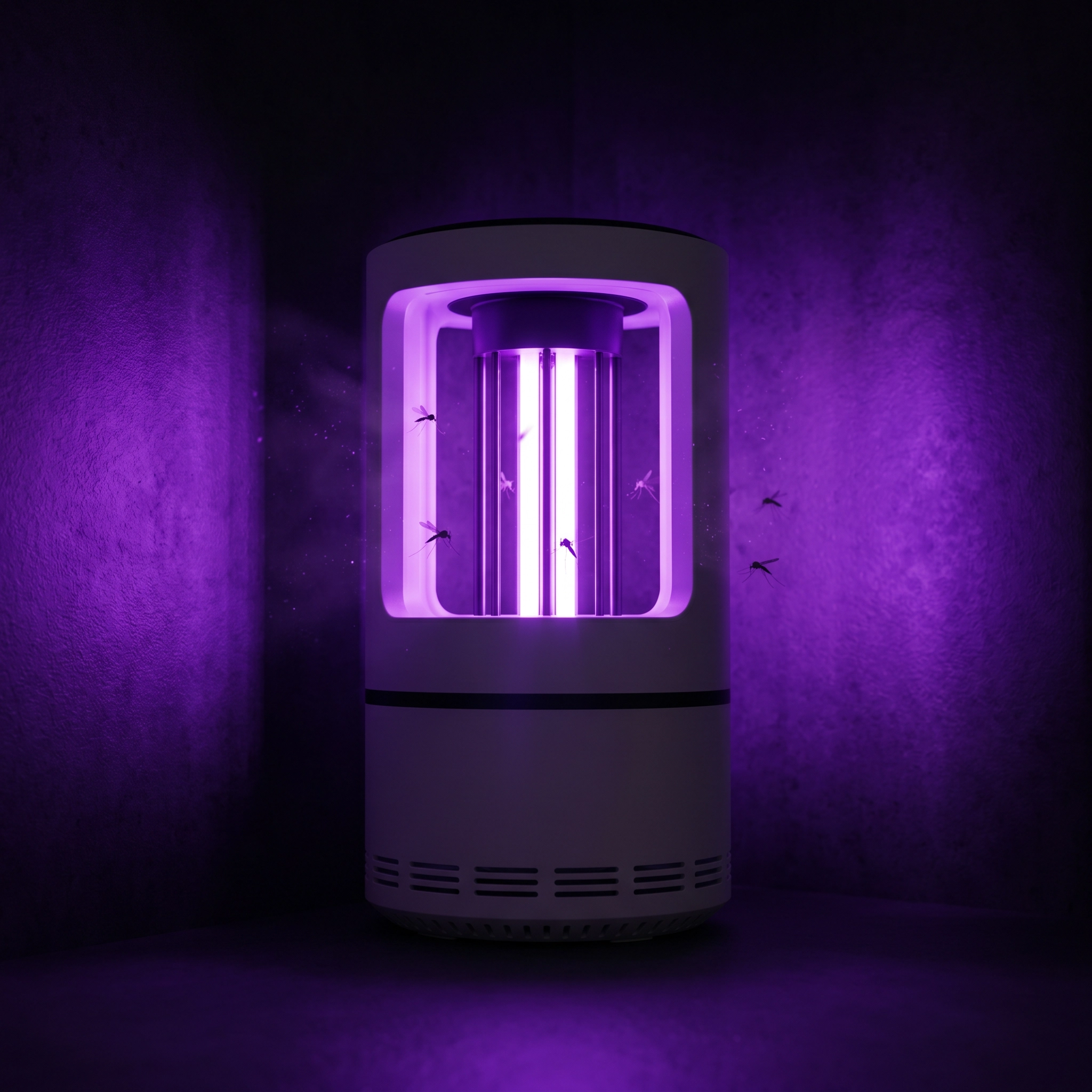Zelora MosqiShield glowing purple UV light attracting mosquitoes in dark room