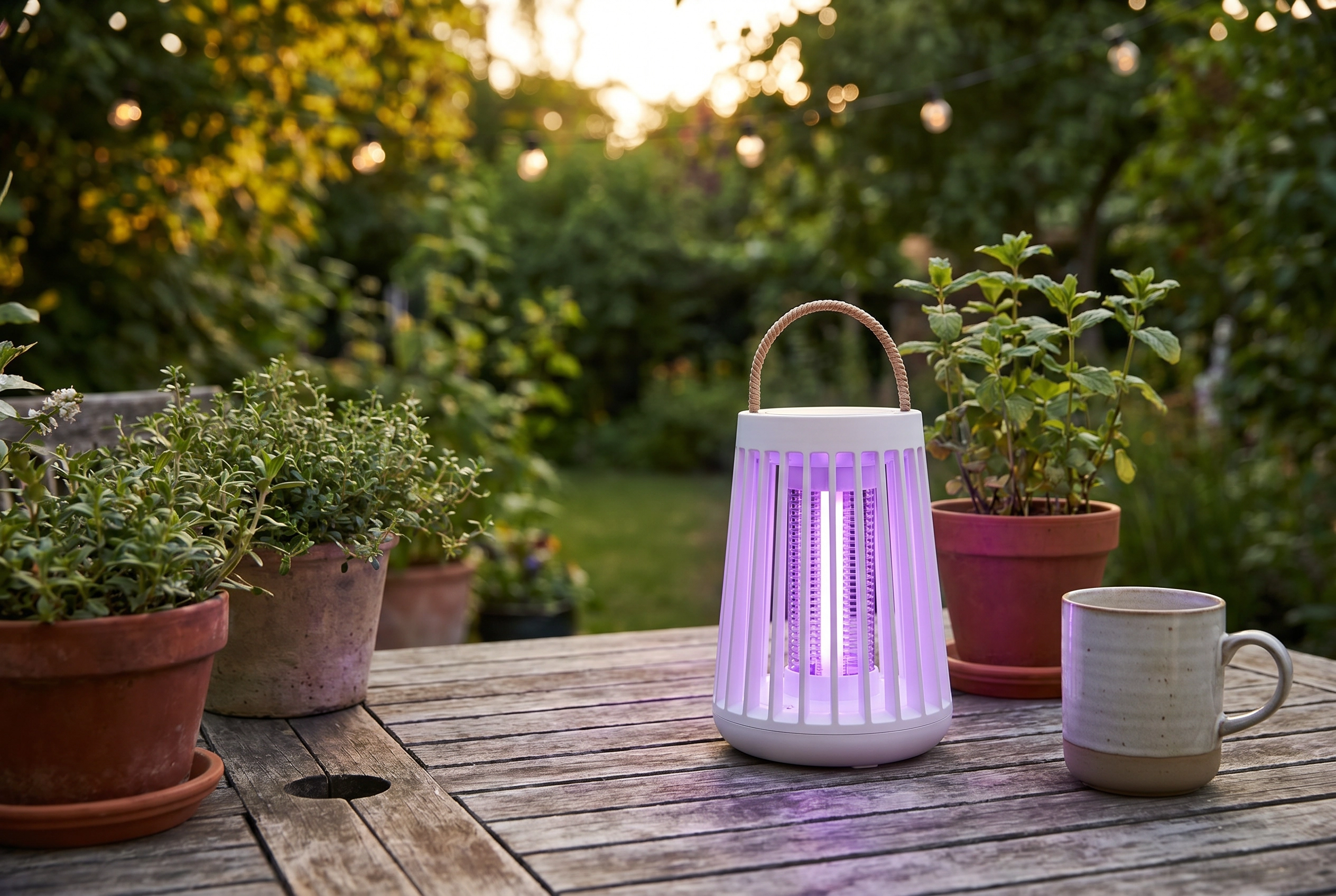 Zelora MosqiShield on outdoor patio table at dusk, glowing purple