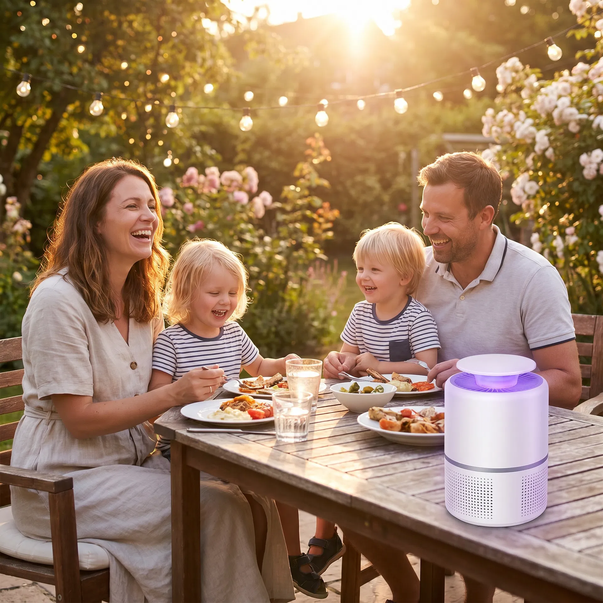 Family enjoying mosquito-free evening