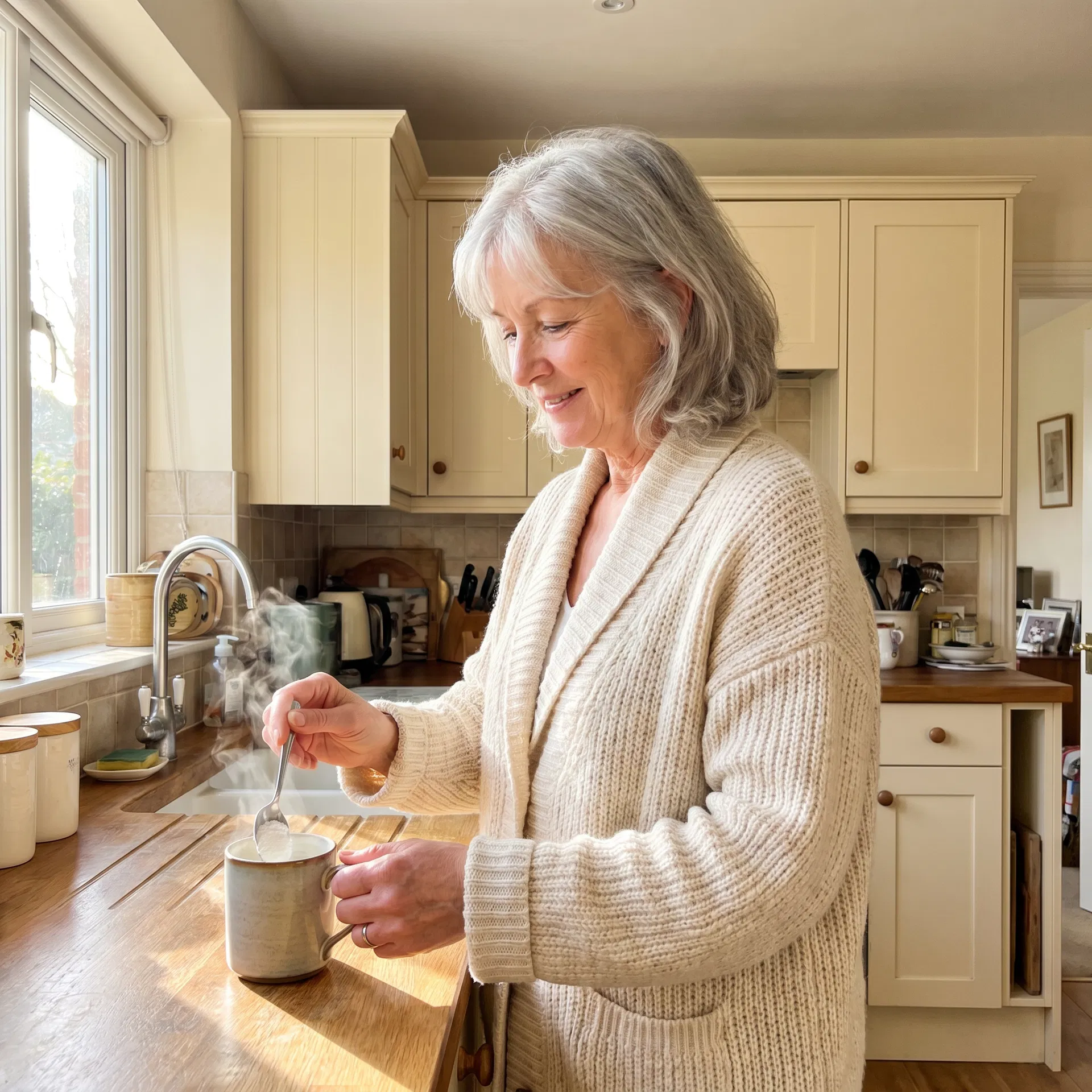 Woman adding Zelora Goat Milk Powder to her morning coffee