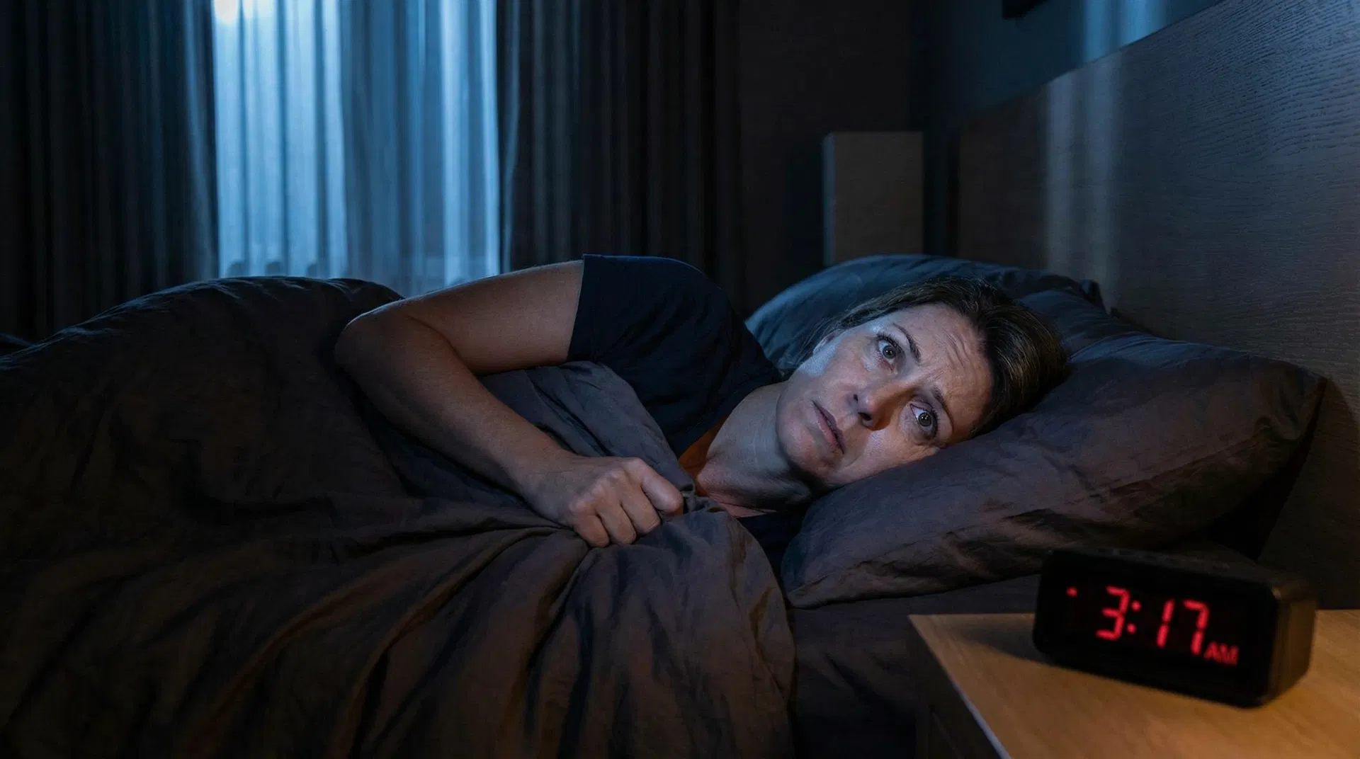 Woman awake at 3:17 AM, heart racing, experiencing withdrawal anxiety