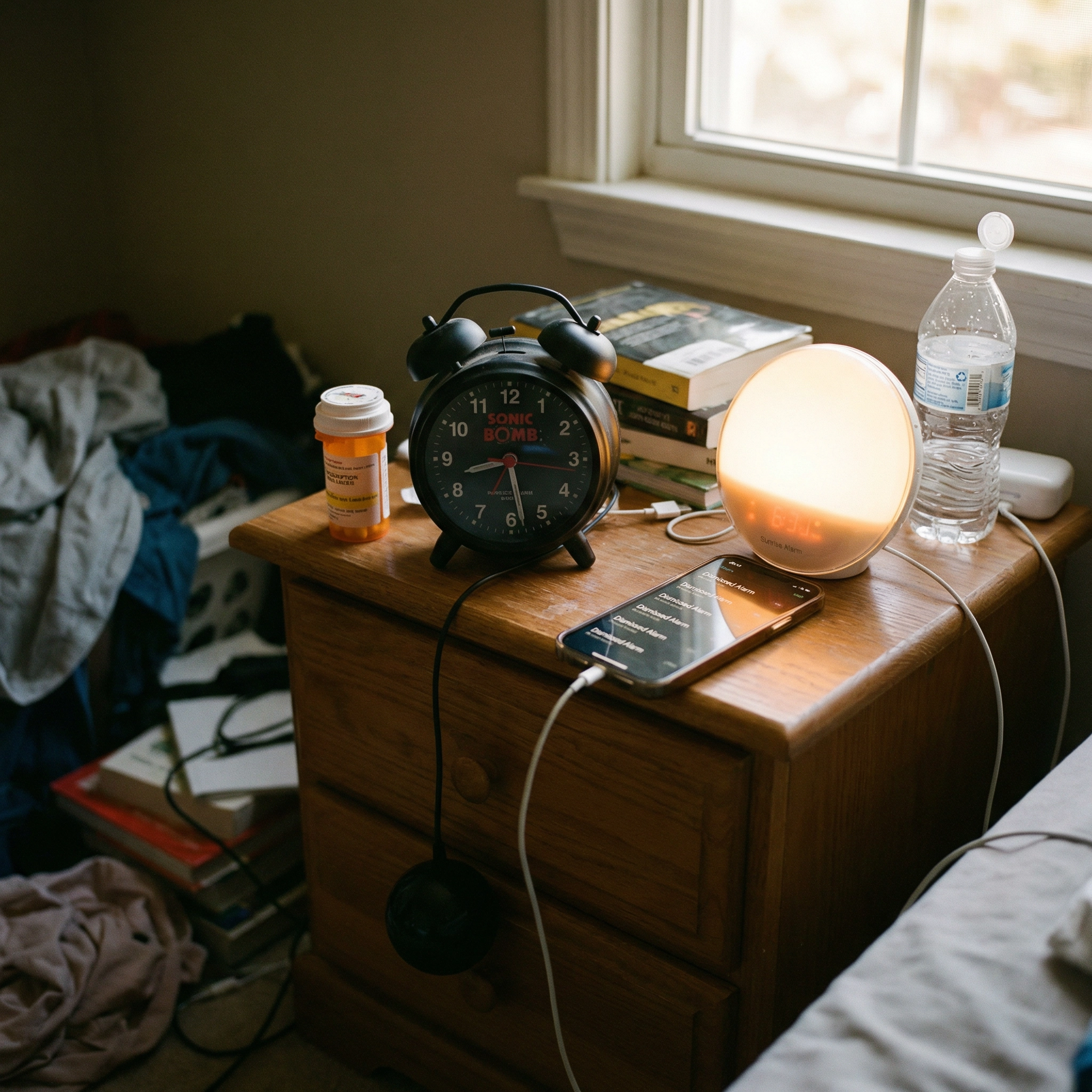 Teen's nightstand covered in failed alarm devices — Sonic Bomb, sunrise clock, phone with dismissed alarms