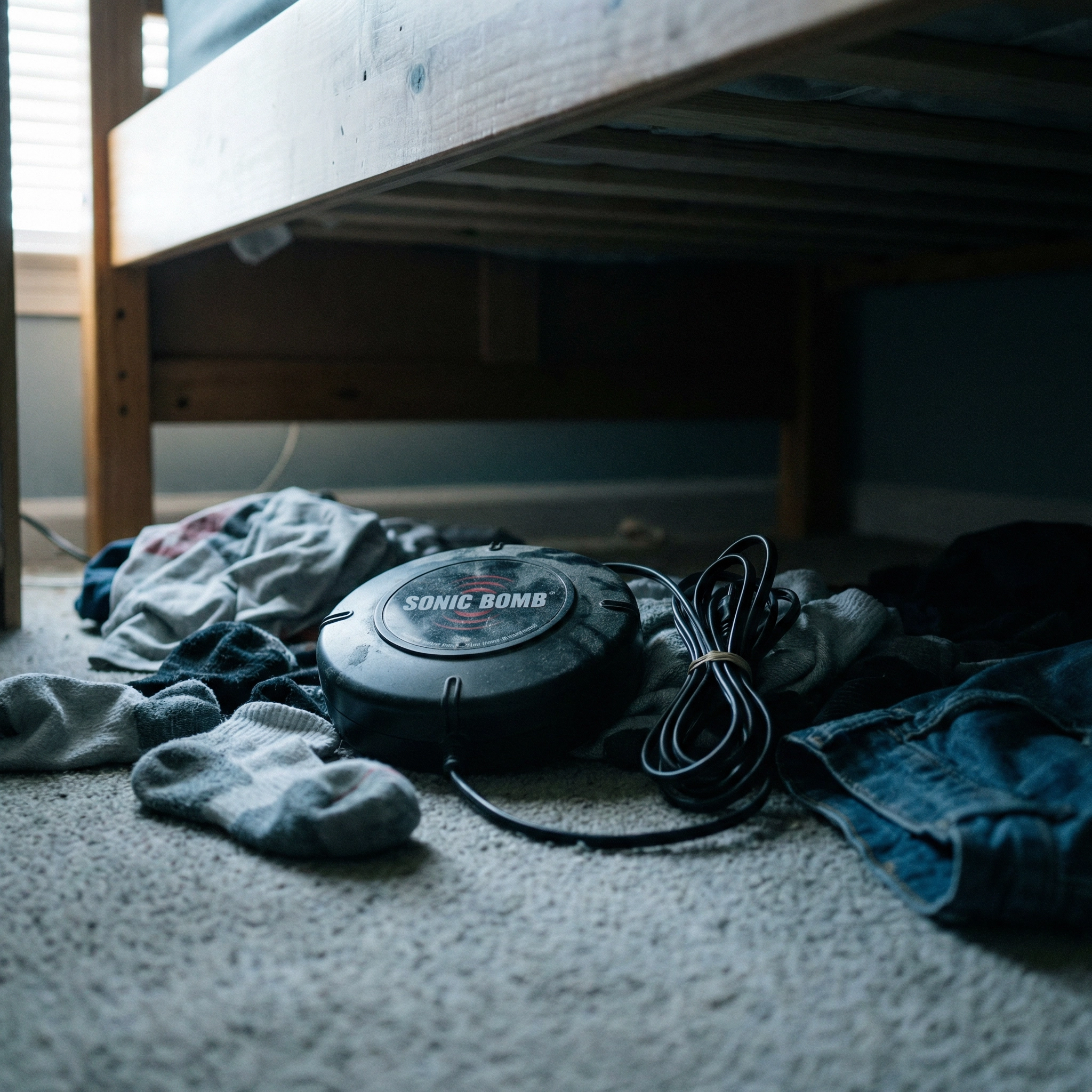 Sonic Bomb bed shaker found unplugged under the bed