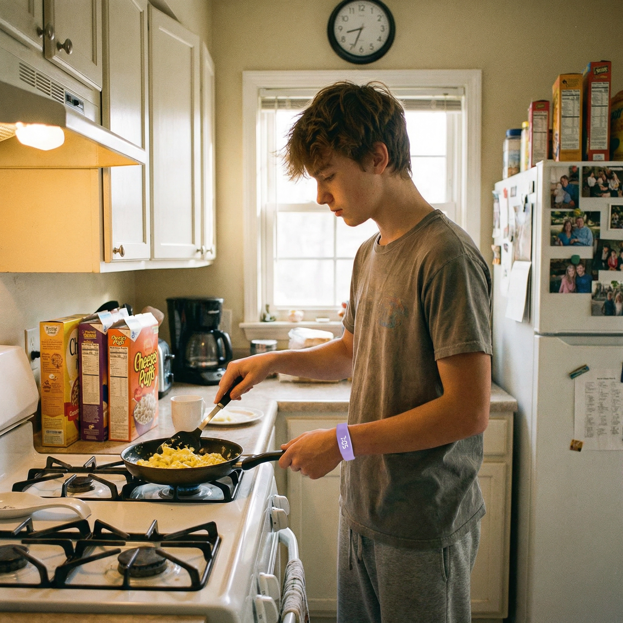 Teen making scrambled eggs in the kitchen at 7:05 AM, lavender wristband visible on his wrist