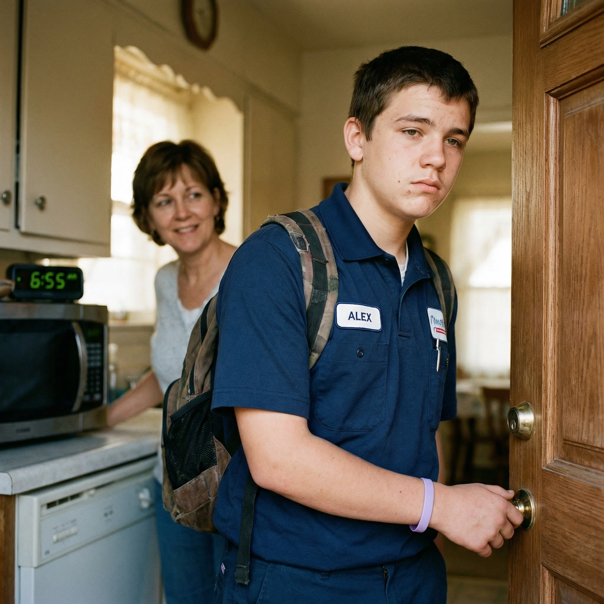 Teen in work uniform at the front door at 6:55 AM, lavender wristband visible on his wrist, mom watching proudly from the kitchen
