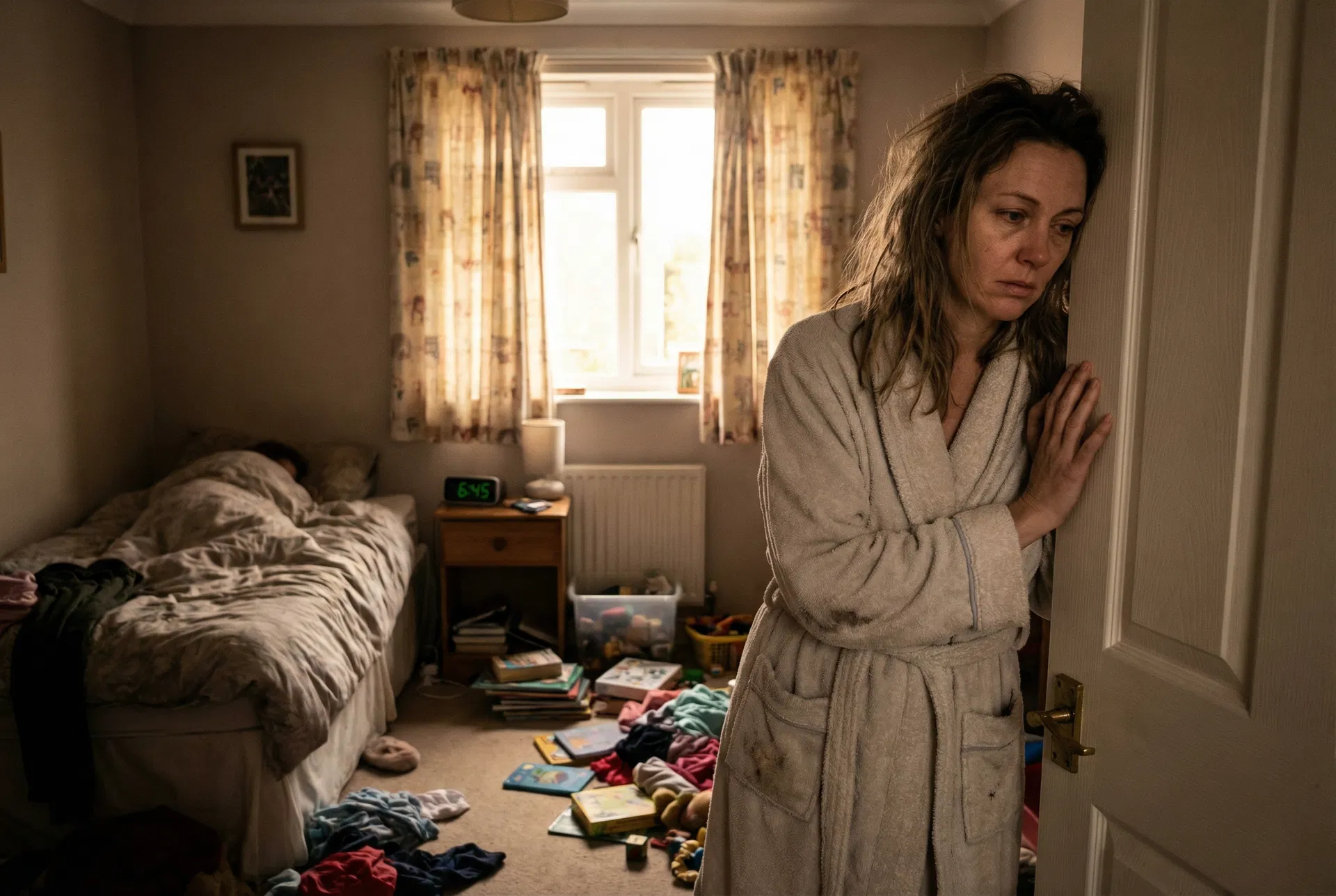 A tired mom standing in her son's doorway at 6:45 AM