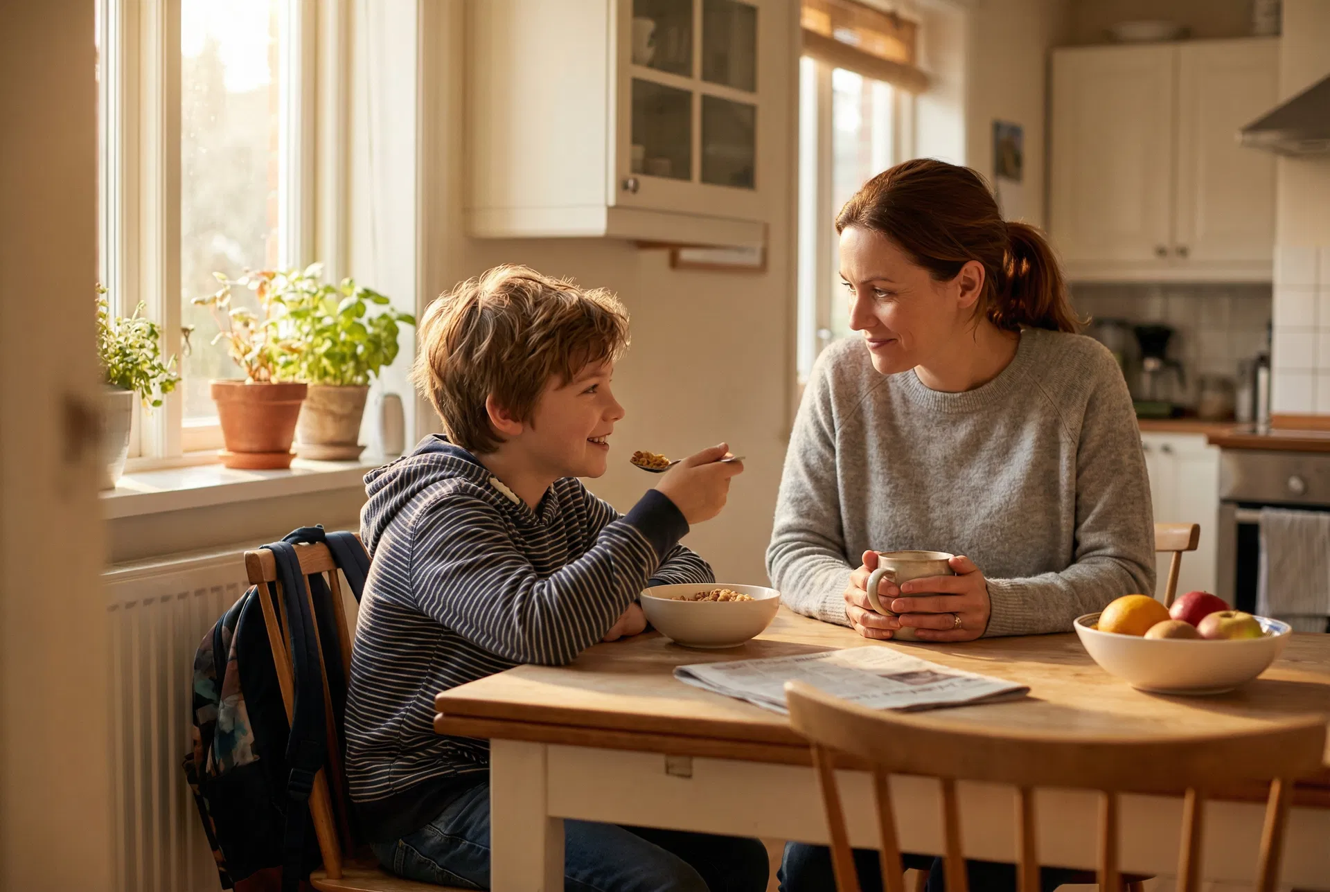Mom and son reconnecting at breakfast