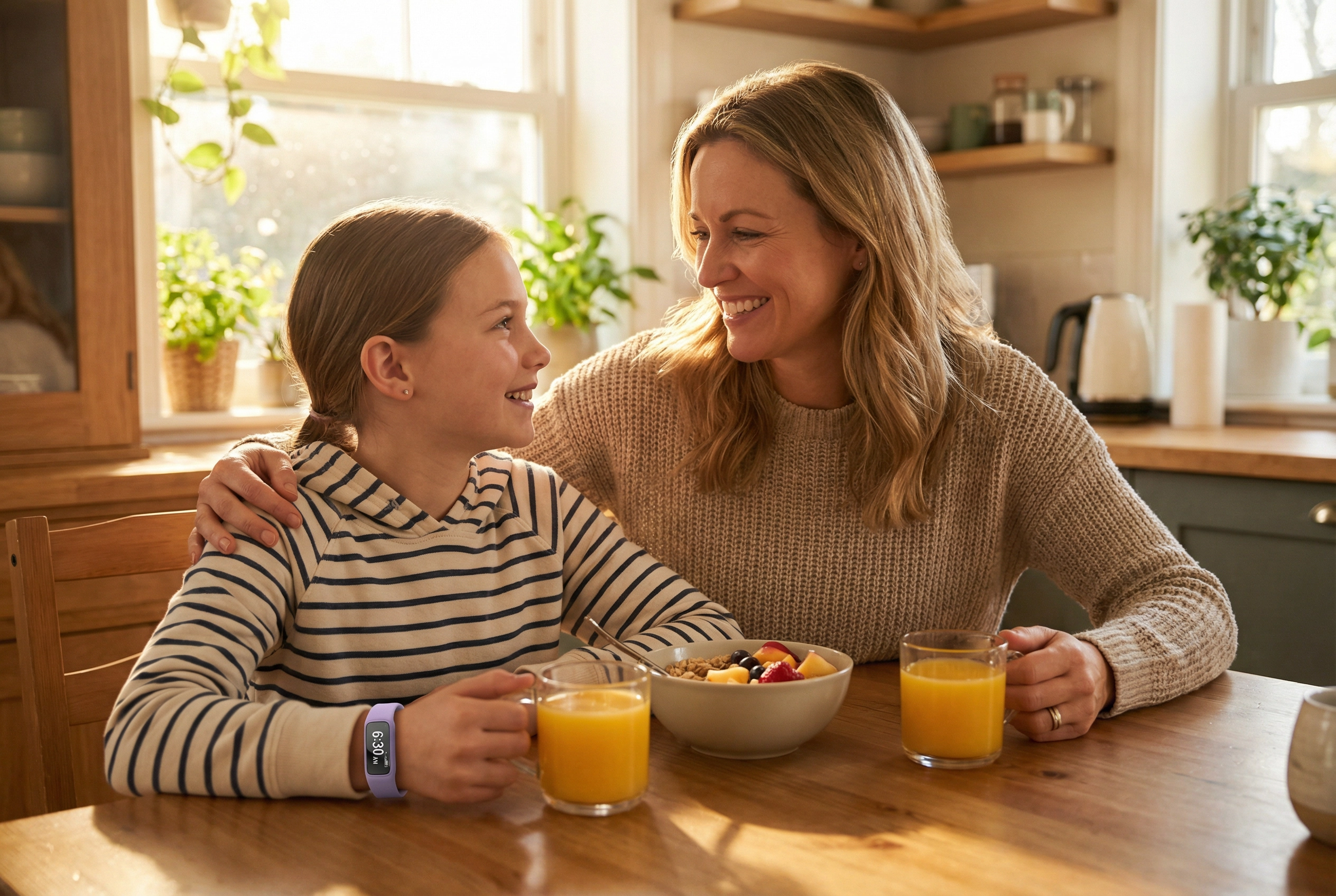 Mom and daughter sharing a peaceful, happy breakfast together