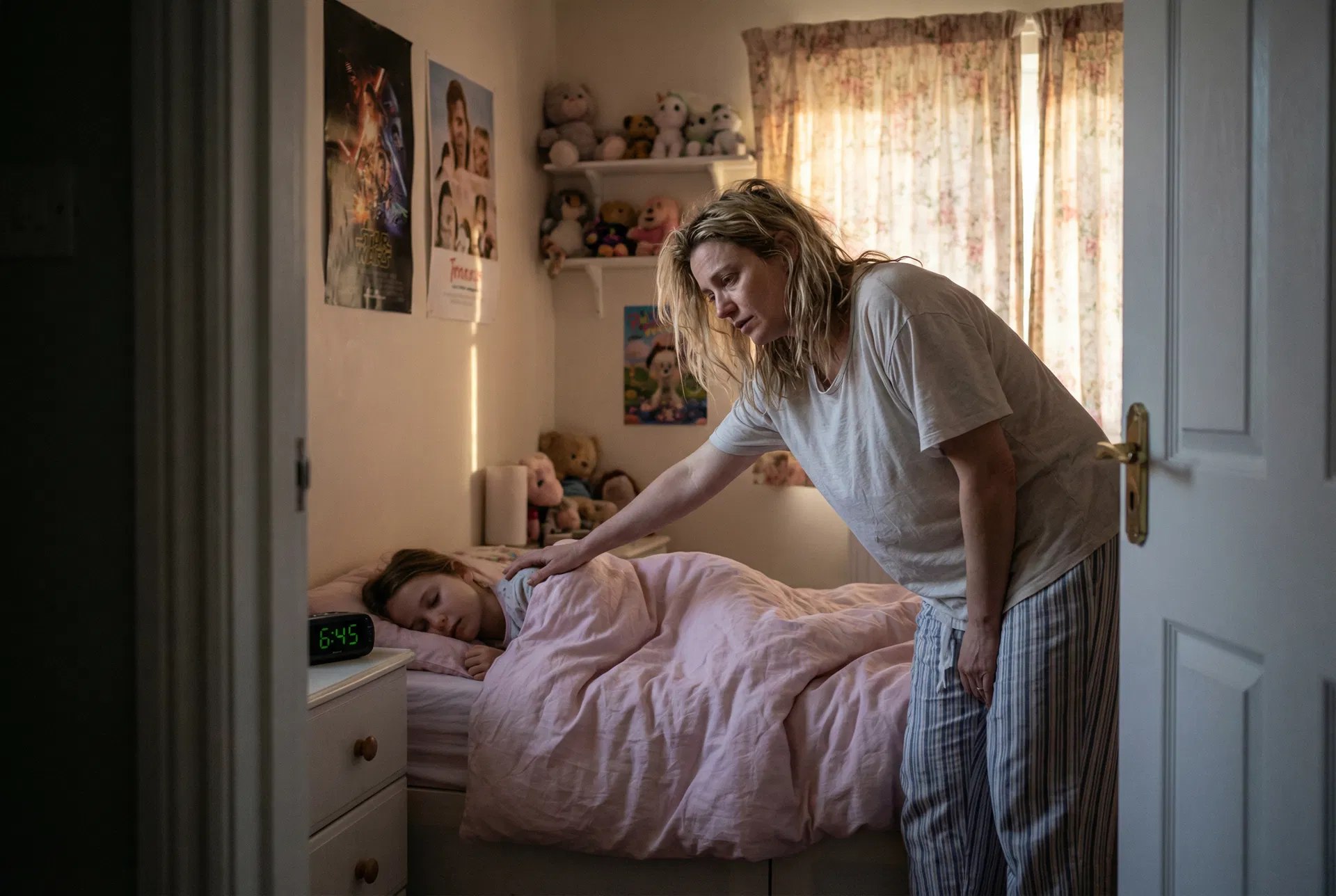 Mom walking into daughter's room at 6:45 AM to wake her up