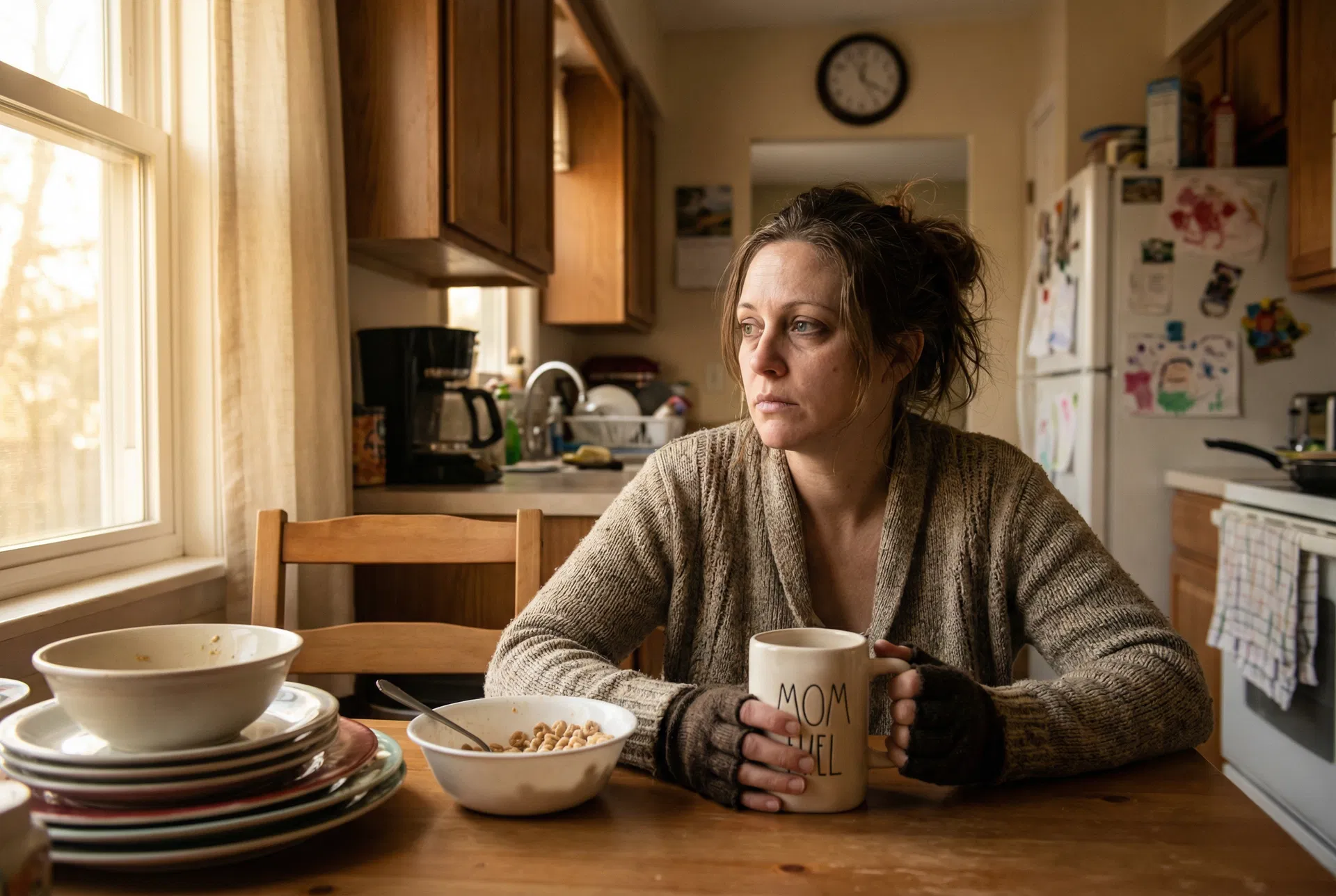 Exhausted mom sitting at kitchen table with coffee after another difficult morning