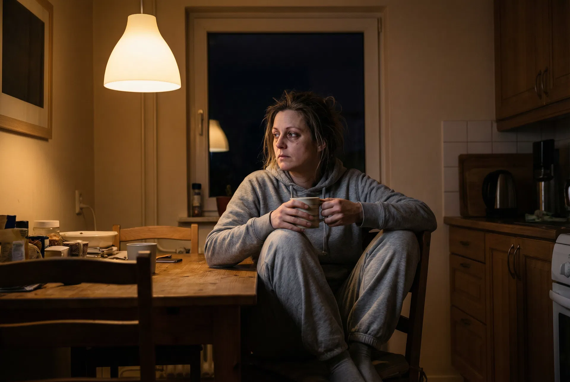 Mother sitting awake at night, worried about her son's future