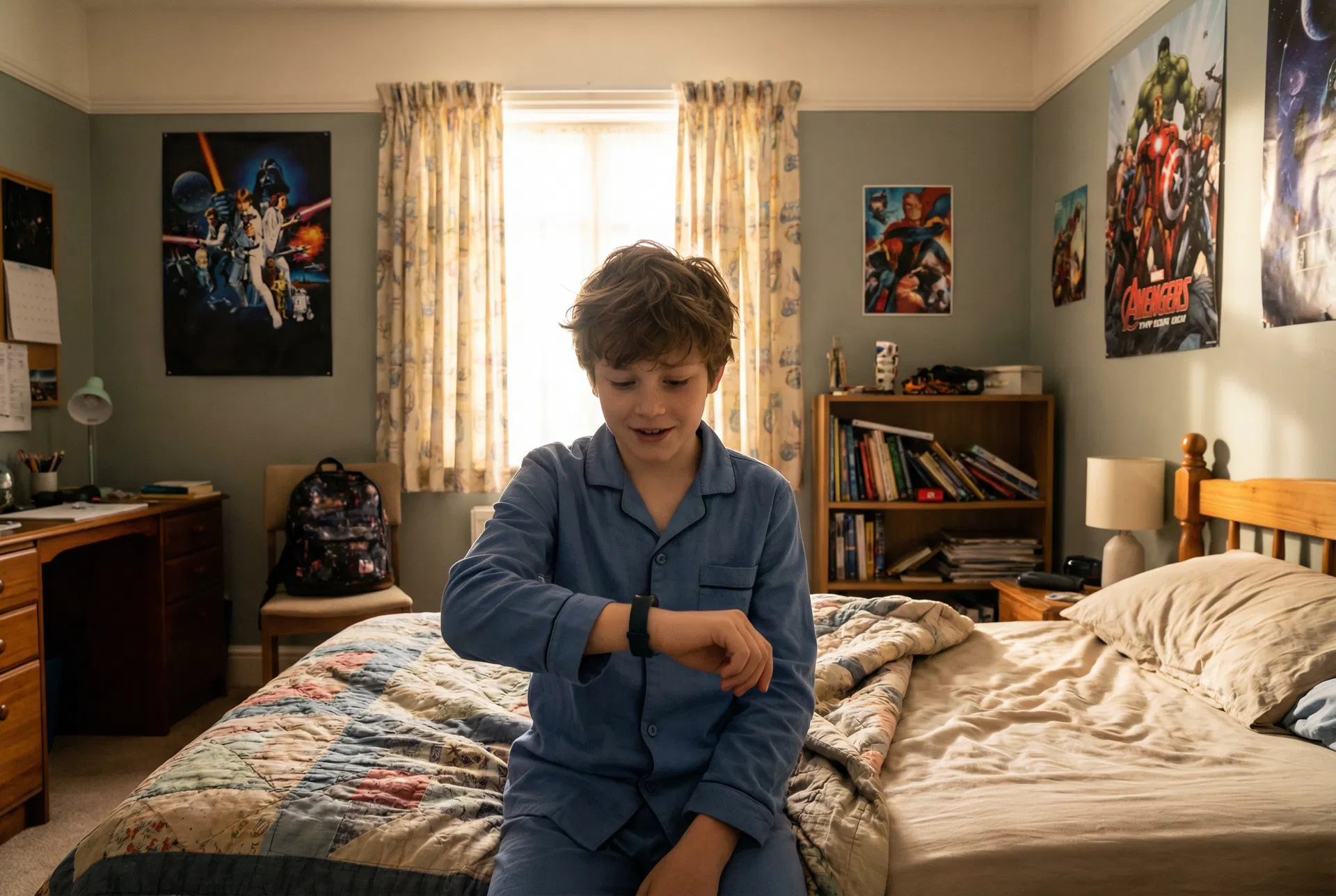 Boy waking up on his own with the CalmRise bracelet
