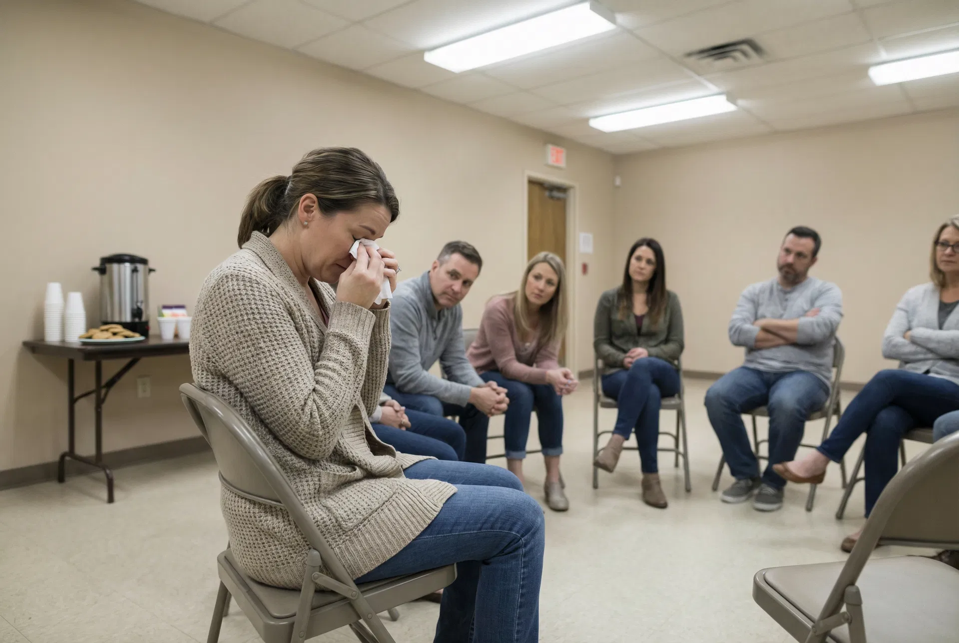 Mom crying at ADHD support group