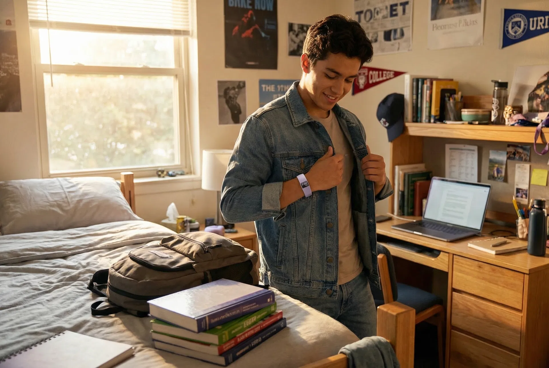 Teen in college dorm room, independent and confident