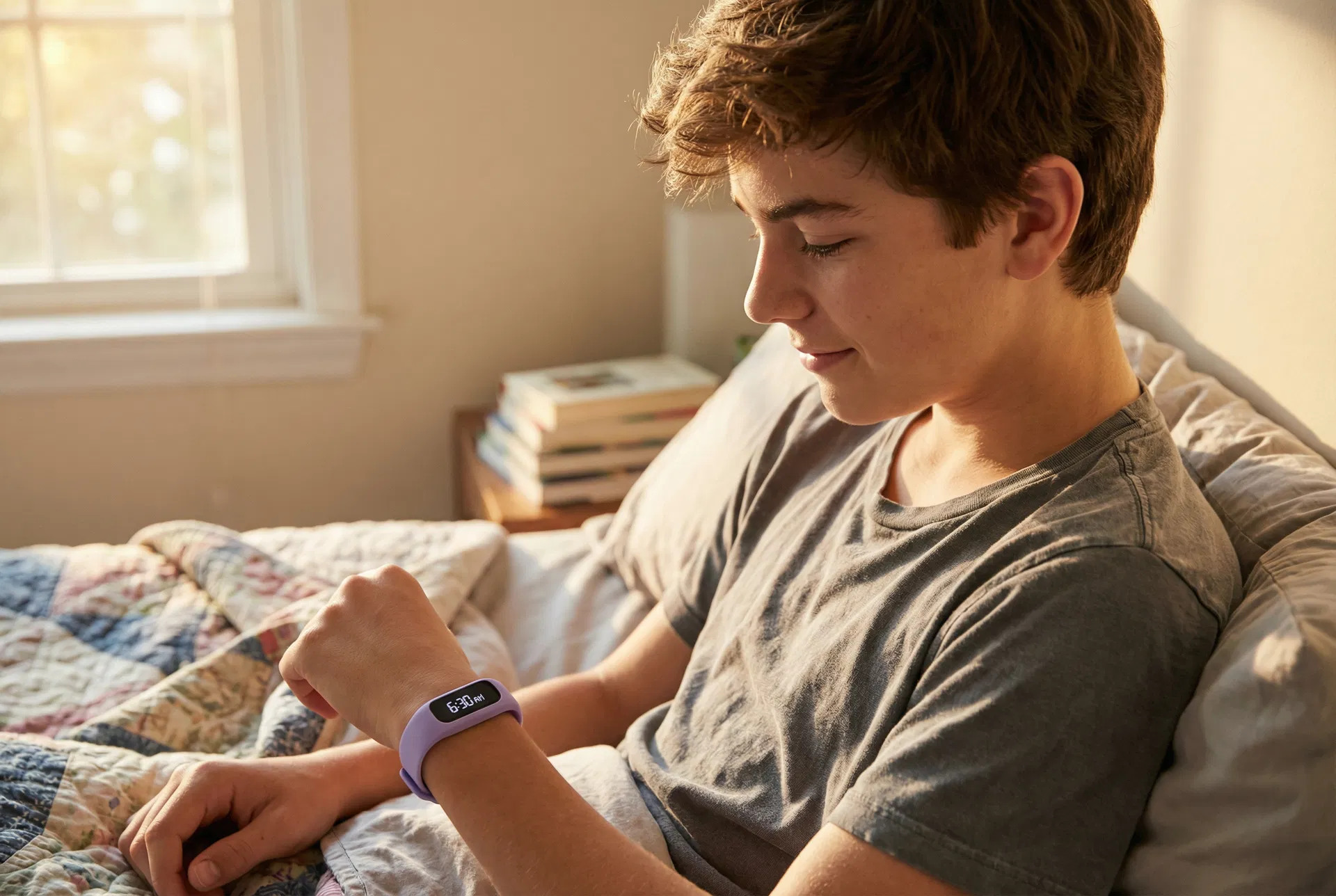 Teenager waking up independently with the CalmRise bracelet