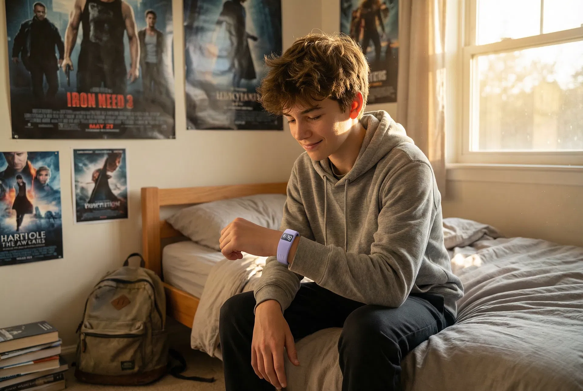 Teen waking up independently with CalmRise bracelet