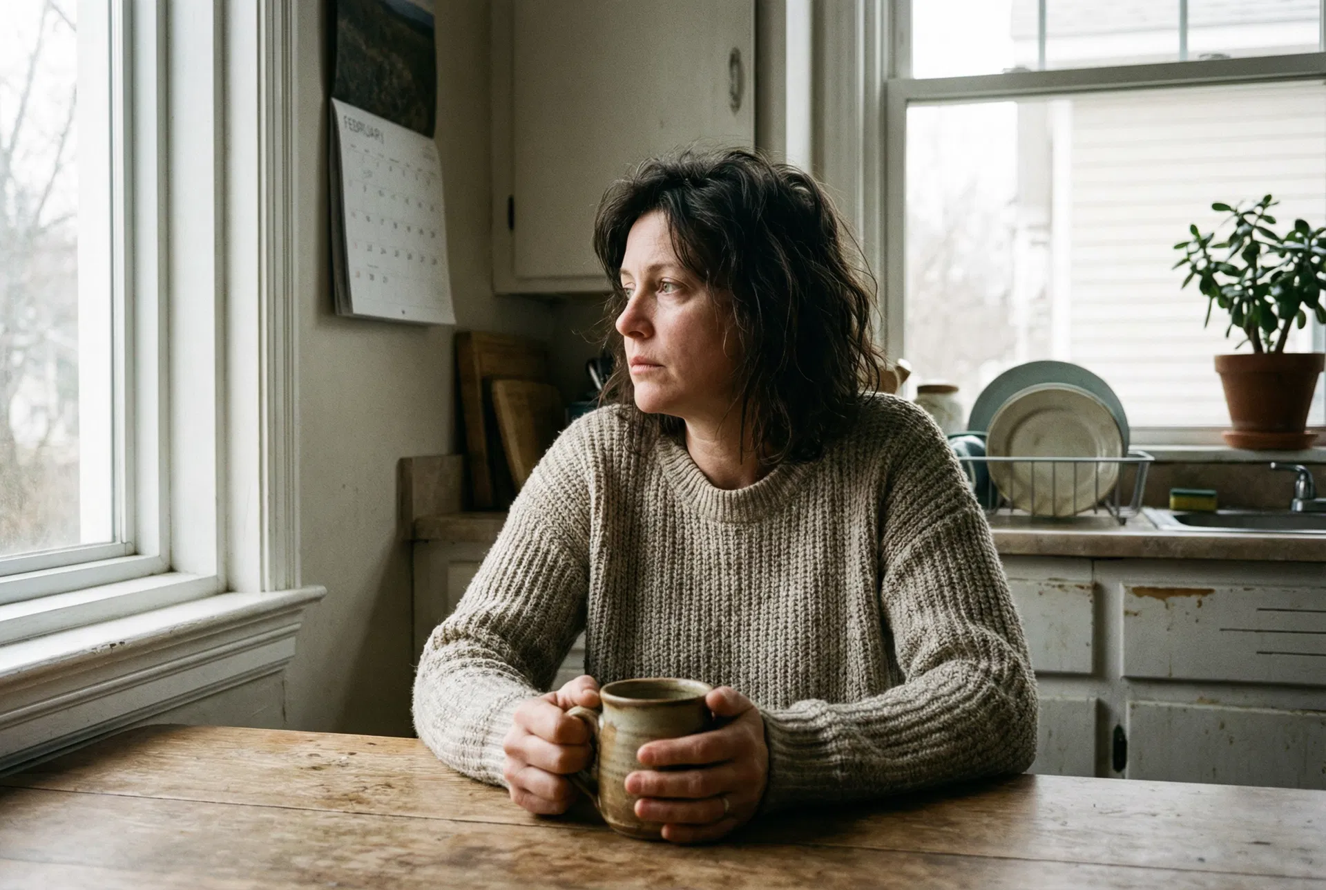 Mom sitting at kitchen table looking at a bruise on her arm — the secret she stopped telling anyone