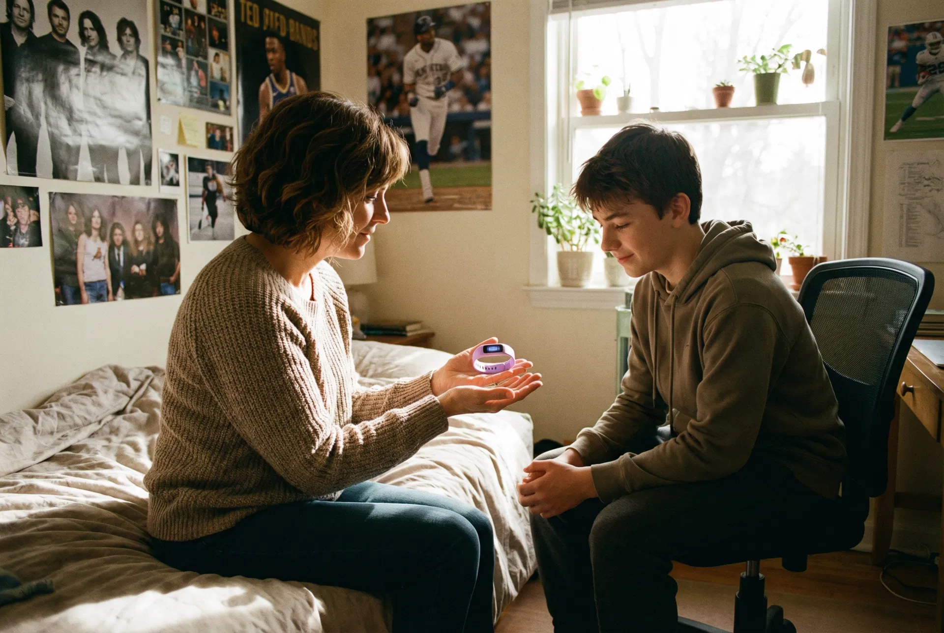 Mom and son having a normal breakfast conversation at the kitchen table, son gesturing while talking, lavender wristband visible