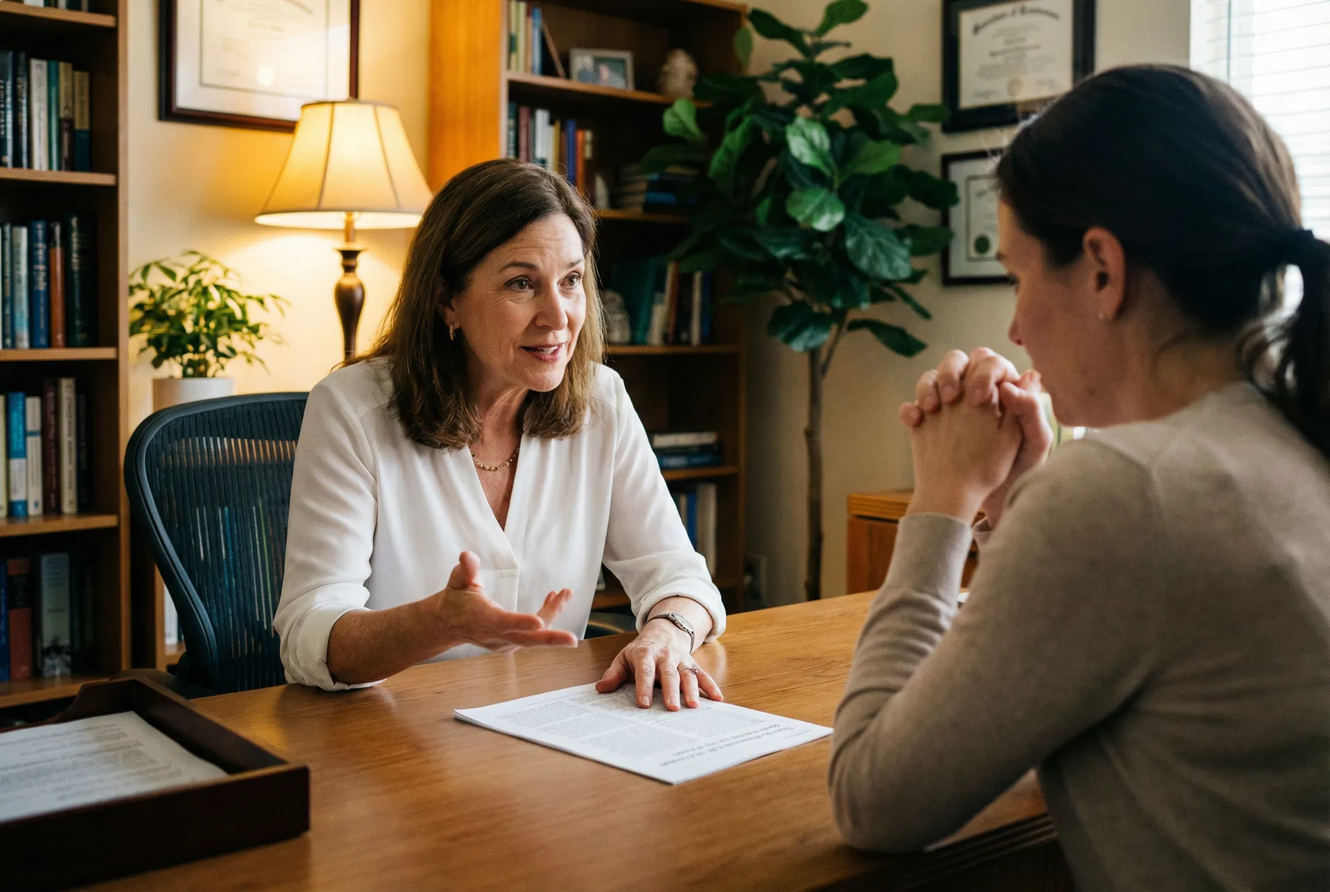 Psychiatrist in her office reading the printed JAMA study, pointing to a line of text