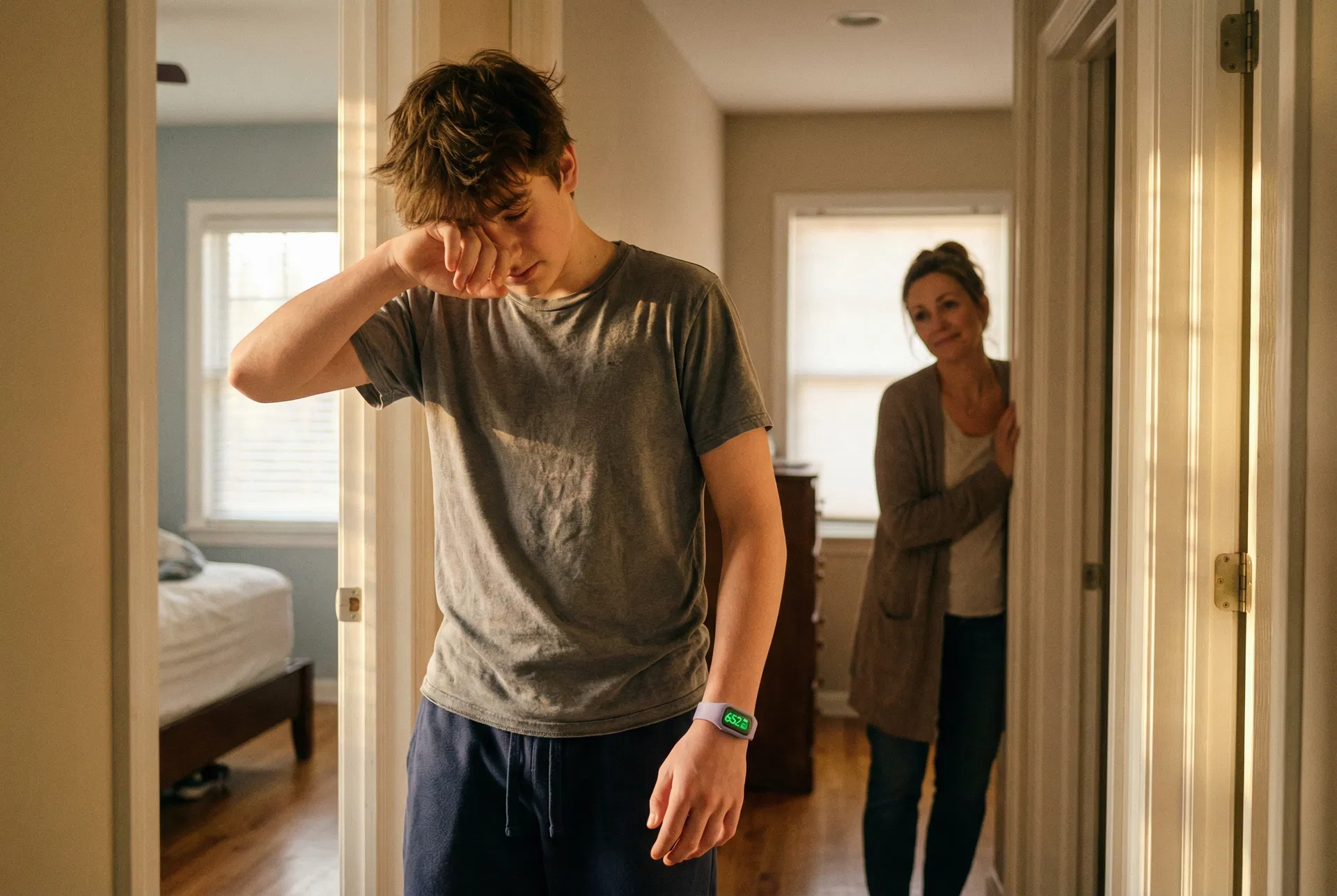 Teen opening his bedroom door at 6:52 AM, groggy but calm, lavender wristband on his wrist, mom watching from the hallway