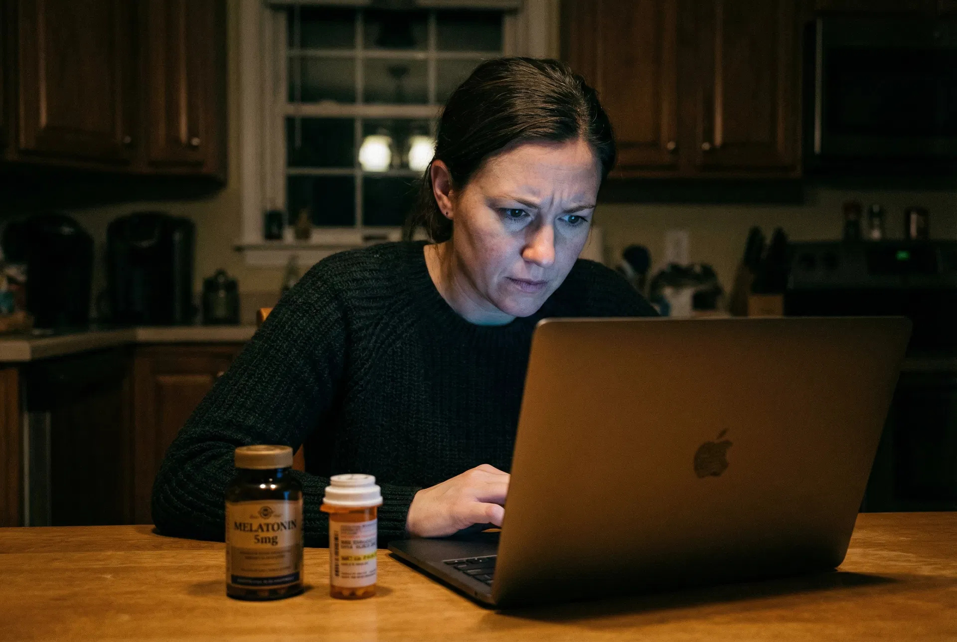 Mom researching late at night with melatonin and ADHD medication on the table