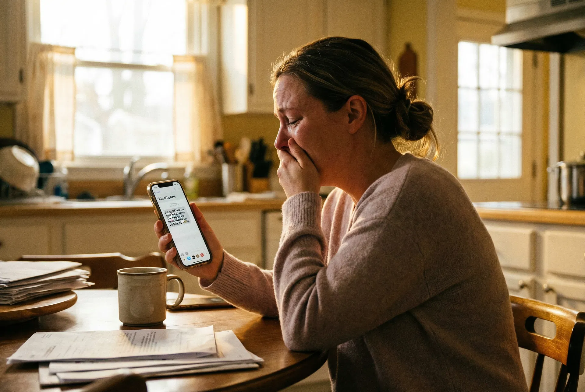 Mom crying with relief reading the school's positive email
