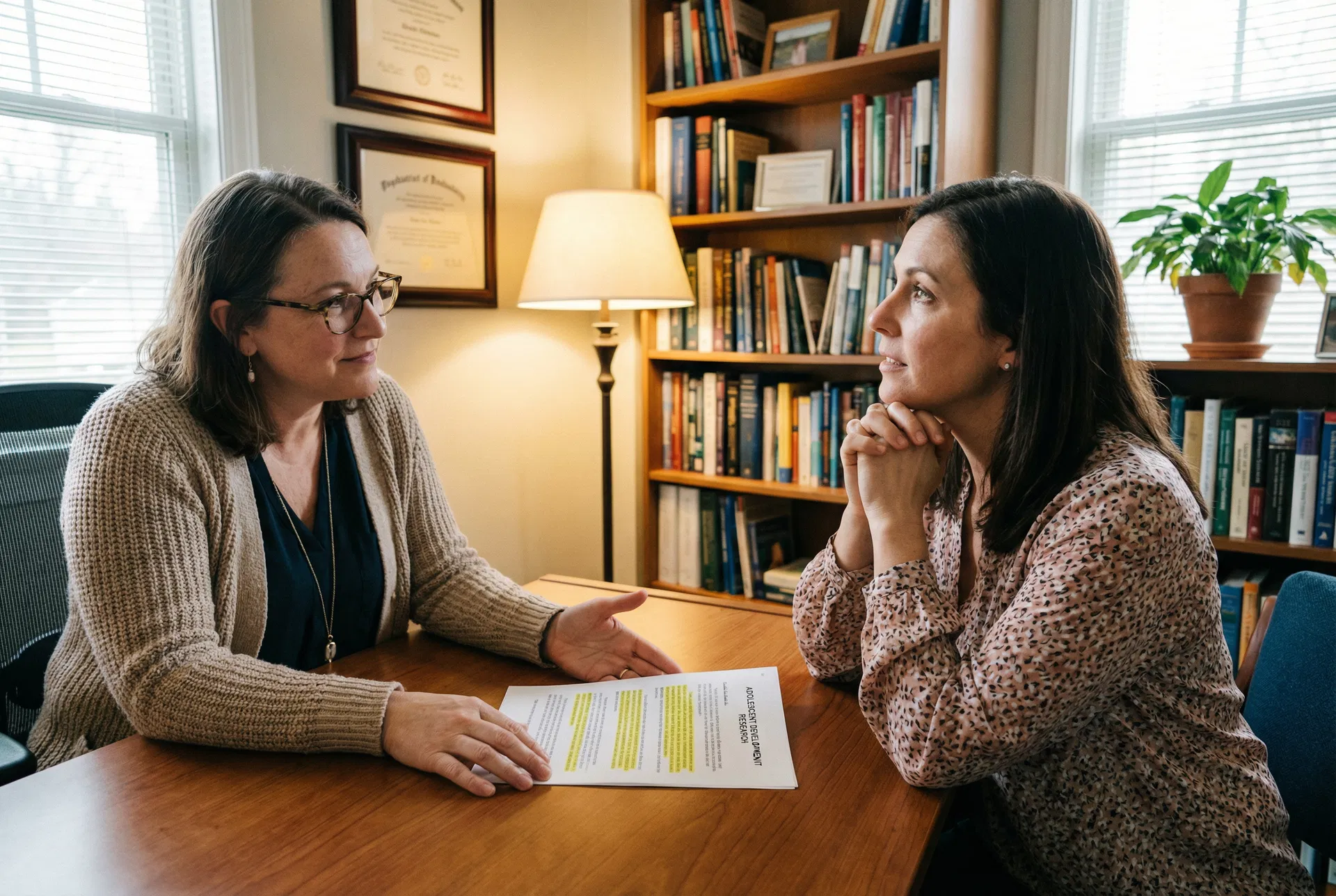 Psychiatrist explaining the melatonin-medication cycle to a mom