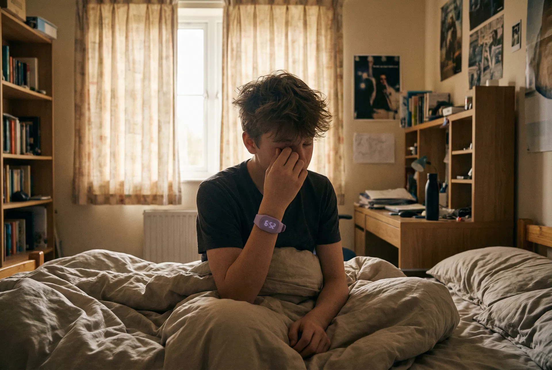 Teen waking up calmly at 6:52 with the CalmRise wristband