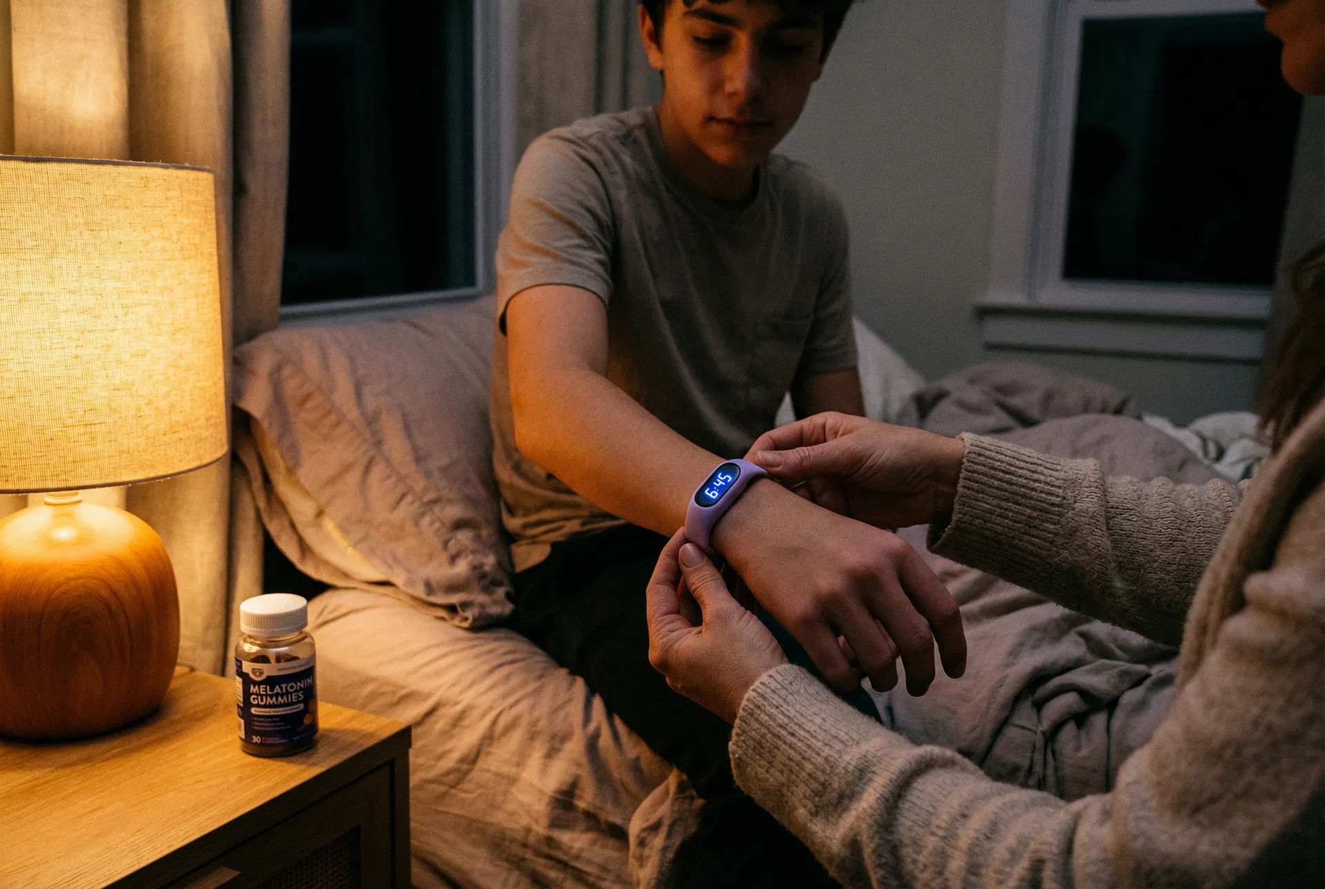 Mom placing the CalmRise wristband on her son's wrist at bedtime, melatonin bottle on nightstand