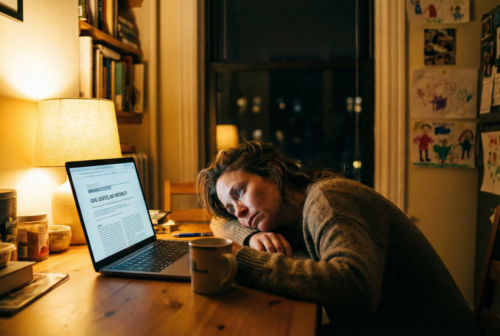 Mom awake at 2 AM reading a research article about ADHD and genetics