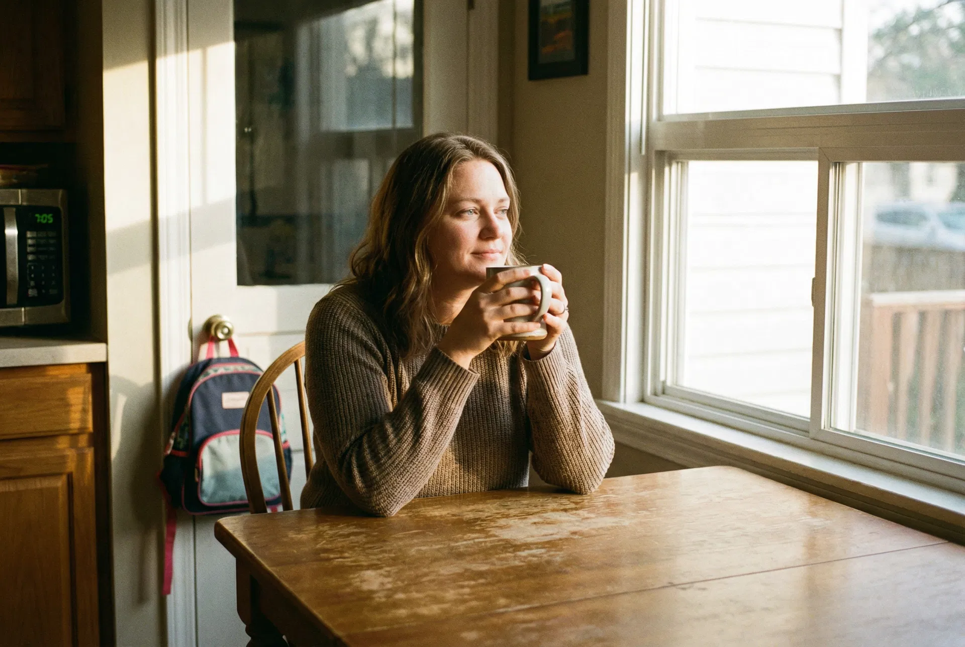 Mom sitting peacefully at kitchen table with coffee at 7:05 AM, son's backpack by the door