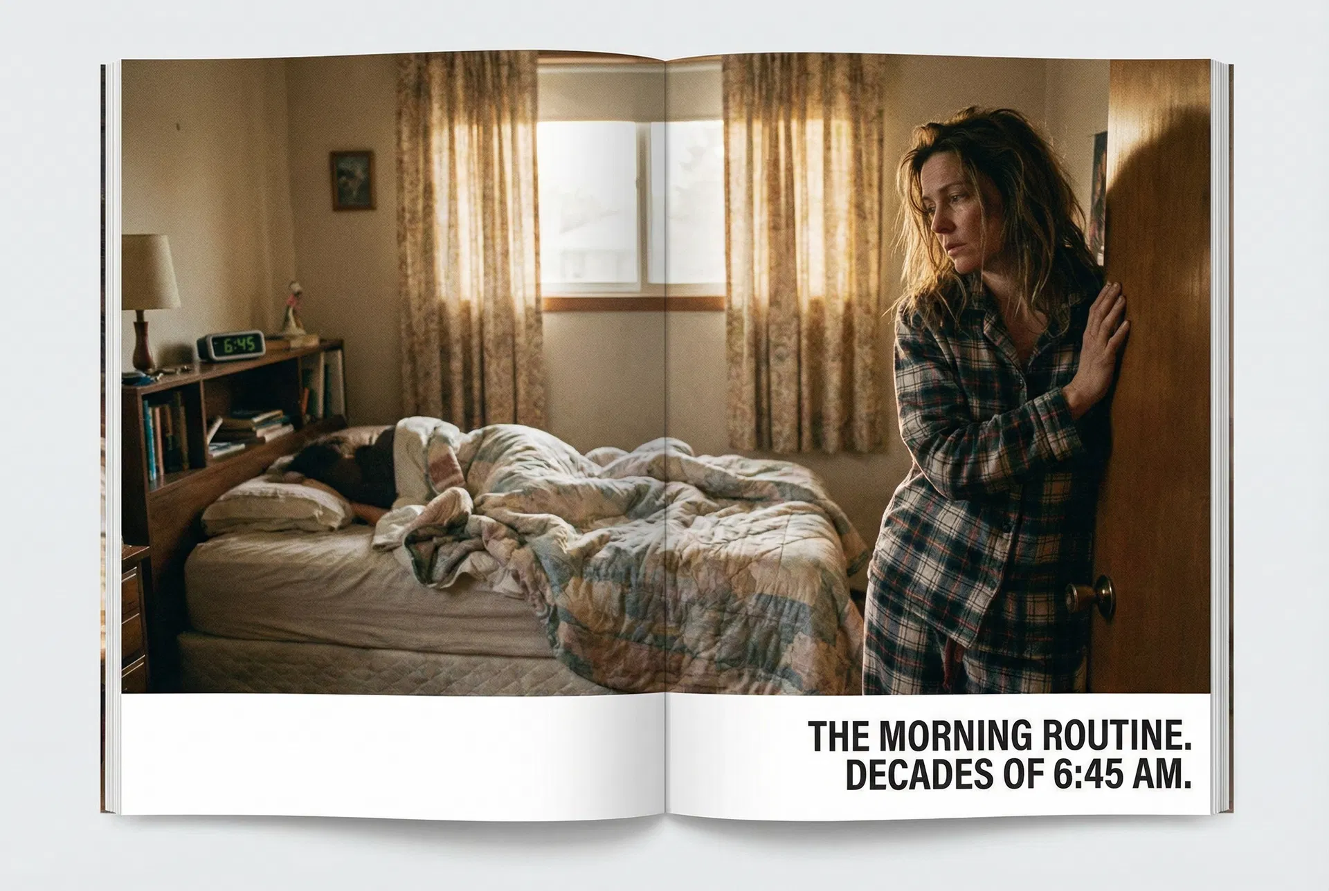 Exhausted mom standing in her son's doorway at 6:45 AM, son still under covers