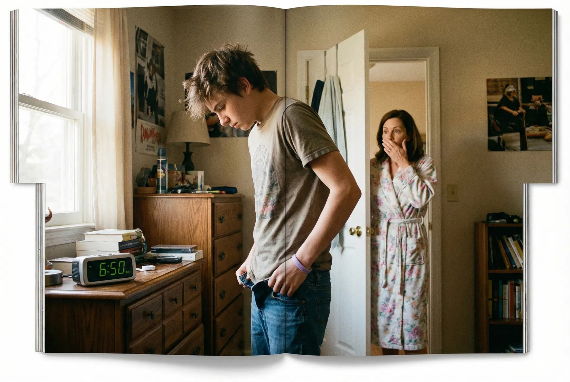 Teen getting dressed at 6:50 AM with lavender wristband, mom shocked in doorway