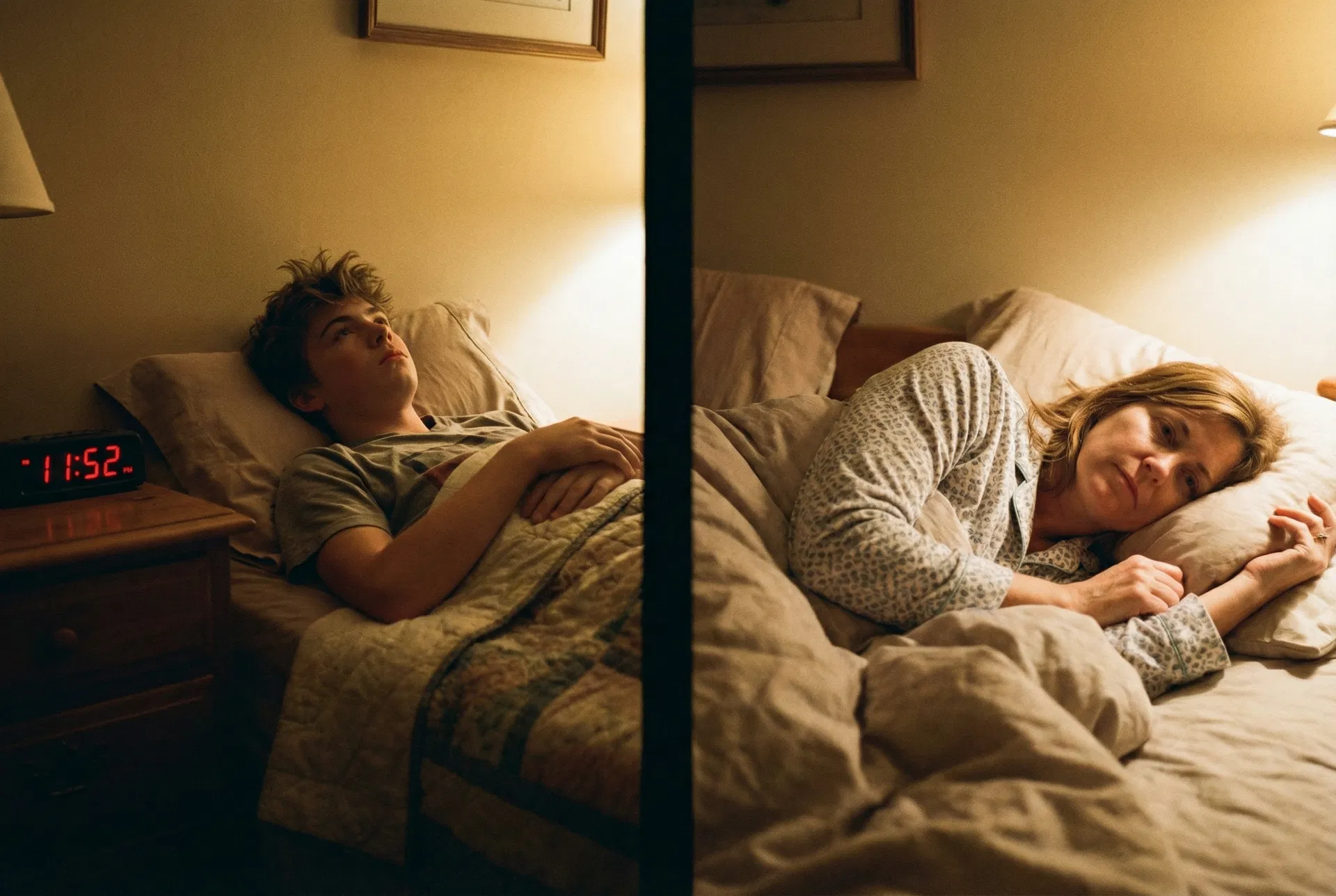 Mom and son both lying awake at 11:52 PM in separate rooms