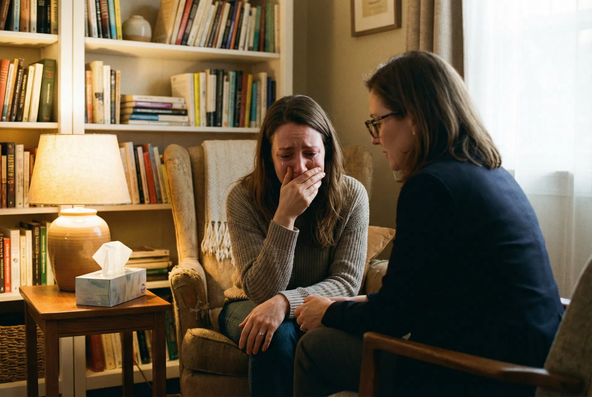 Mom crying in therapy session, therapist leaning forward with compassion